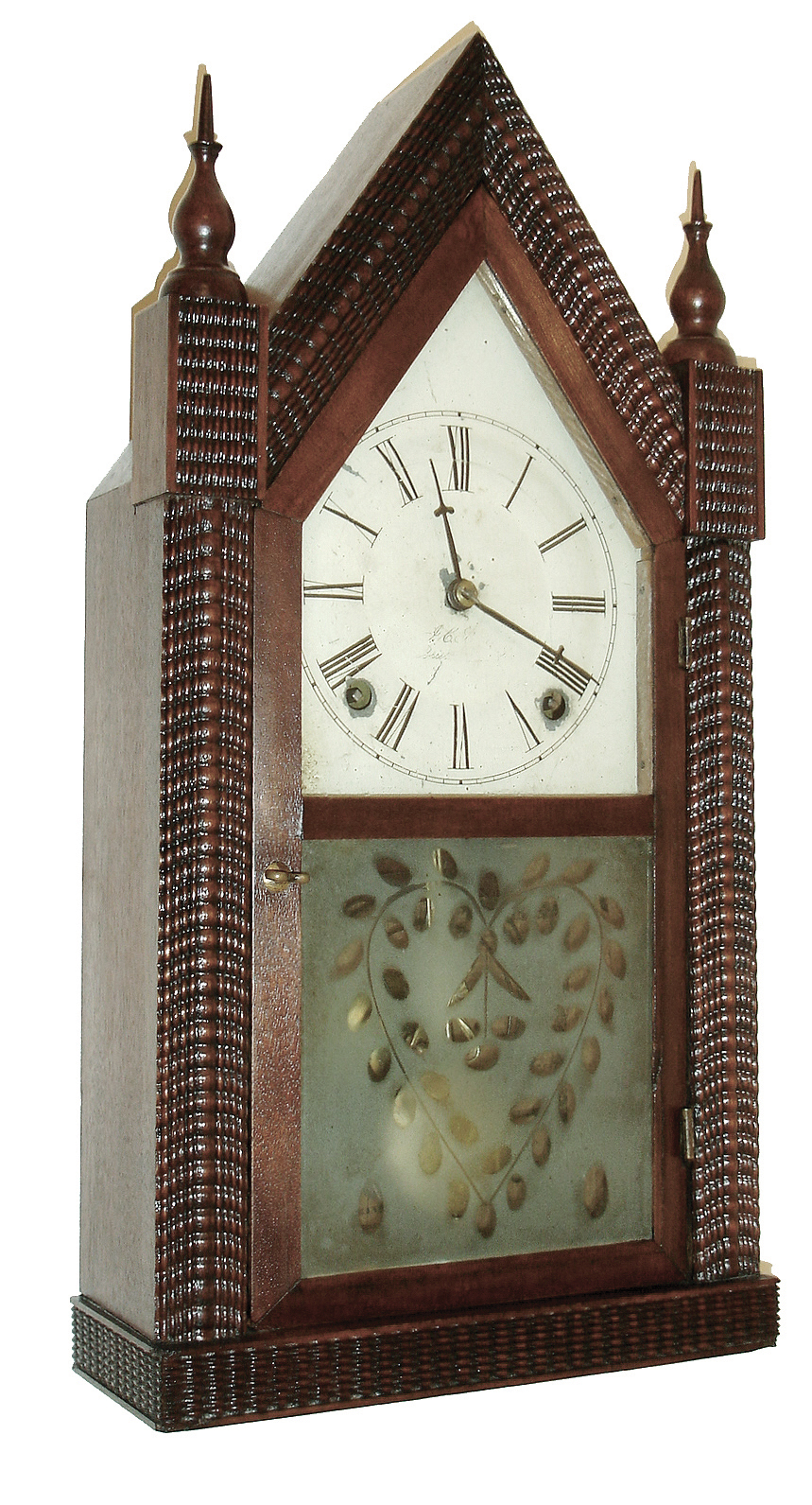 Forestville Mfg. Co., (J.C. Brown), Bristol, Conn., 8 days, time and strike, spring brass movement ripple Sharp Gothic or steeple clock, c1850 — Antique Clocks Price Guide