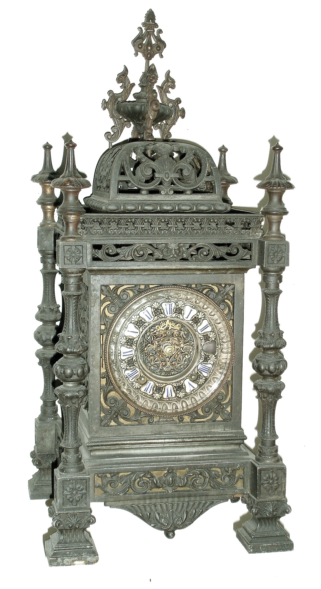 Ansonia Clock Co., New York, NY, ÒRegentÓ cast metal, 8 days, time and strike, mantel clock with ornate floral dial visible escapement, c1904 — Antique Clocks Price Guide