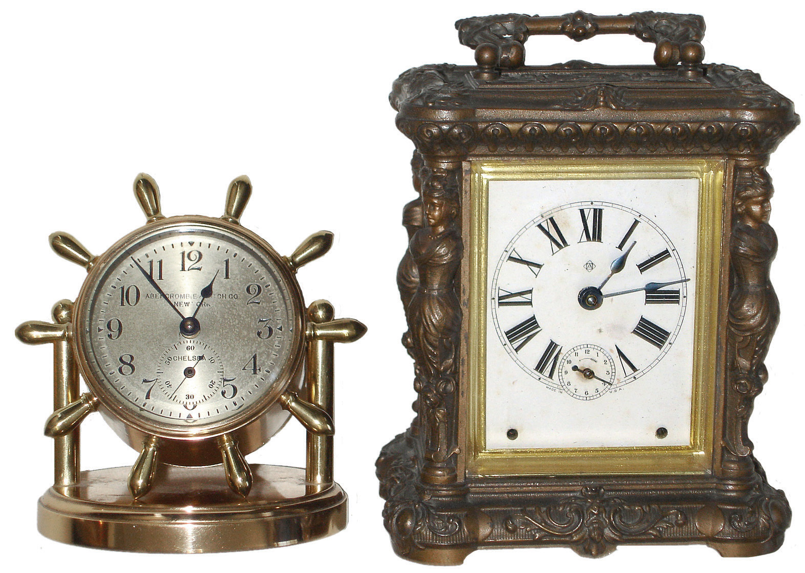 Clocks- 2 (Two): Chelsea Clock Co., Boston, for Abercrombie &amp; Fitch, ÓClintonÒ, 8 days, brass, time only, swivel desk clock, 196450 c1930; Ansonia Clock Co., New York, NY, ÓCometÒ, 30 hours, time and alarm cast metal carriage clock, c1904 — Antique Clocks Price Guide