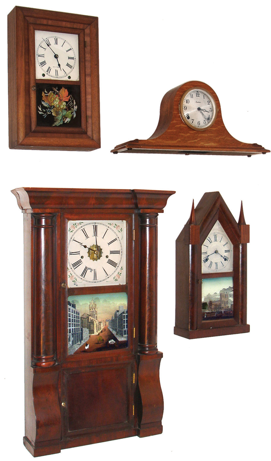 Clocks- 5 (Five): (1) Forestville Mfg. Co., (J.C. Brown), Bristol, Conn., 8 days, time and strike, weight fancy plate brass movement column &amp; cornice shelf clock, c145. (2) Chauncey Jerome, New Haven, Conn., 8 days, time and strike, spring brass movement Sharp Gothic or steeple clock, c1850. (3) Seth Thomas Clock Co., Thomaston, Conn., ÓRound BandÒ, 8 days, time and strike, spring brass movement shelf clock, c1875. (4) E. Ingraham &amp; Co., Bristol, Conn., 8 days, time and strike, spring brass movement tambour mantel clock, c1935. (5) Terhune &amp; Edwards, New York, NY, 8 days, time and strike, spring driven, brass movement steeple style shelf clock, c1860 — Antique Clocks Price Guide