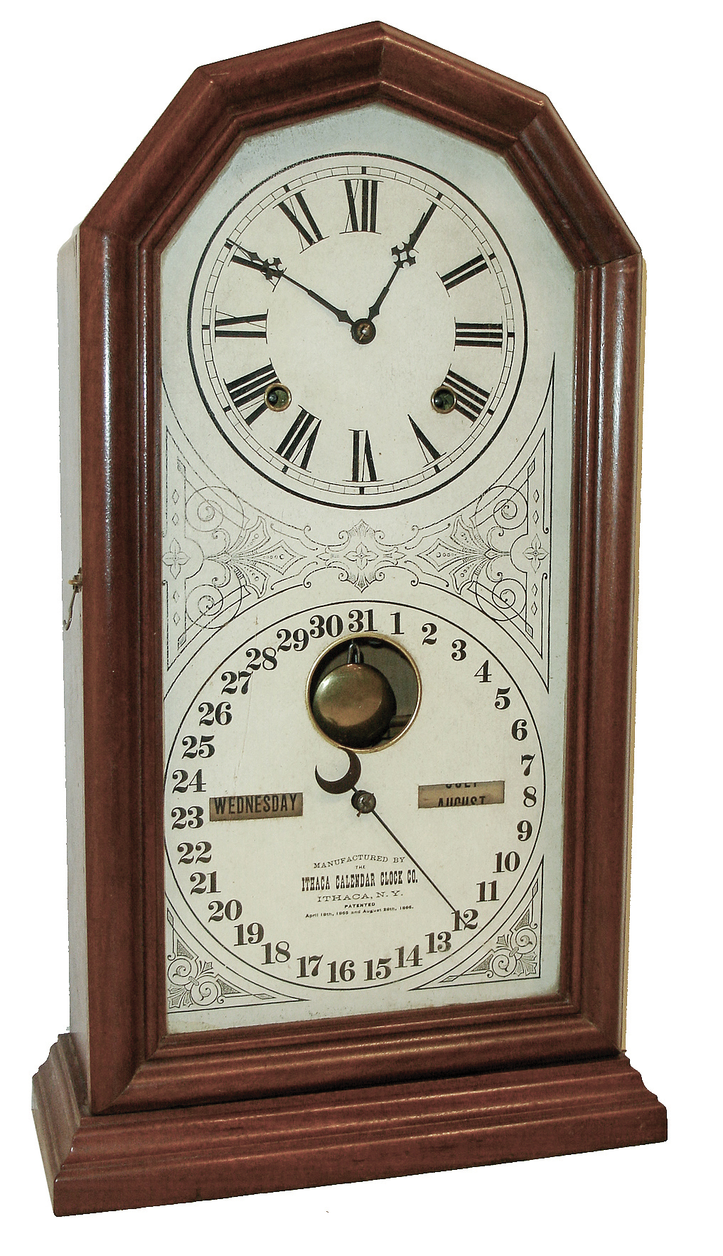 Ithaca Calendar Clock Co., Ithaca, NY, ÓNo. 11 OctagonÒ, 8 days, time and strike, brass spring movement double dial calendar clock, c1880 — Antique Clocks Price Guide