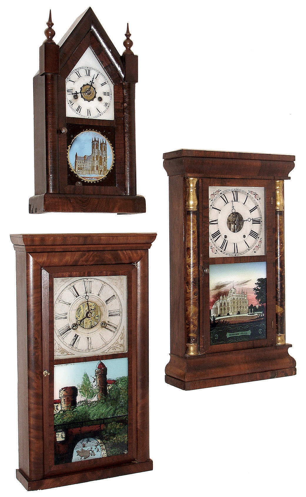Clocks- 3 (Three): (1) New Haven Clock Co., New Haven, Conn., 30 hours, time, strike and alarm, spring brass movement Sharp Gothic or steeple clock. (2) Seth Thomas Clock Co., Thomaston, Conn., 8 days, time and strike, weight brass movement half column and cornice shelf clock. (3) Atkins &amp; Porter, Bristol, Conn., 30 hours, time and strike, weight brass movement cornice top shelf clock, c145. — Antique Clocks Price Guide