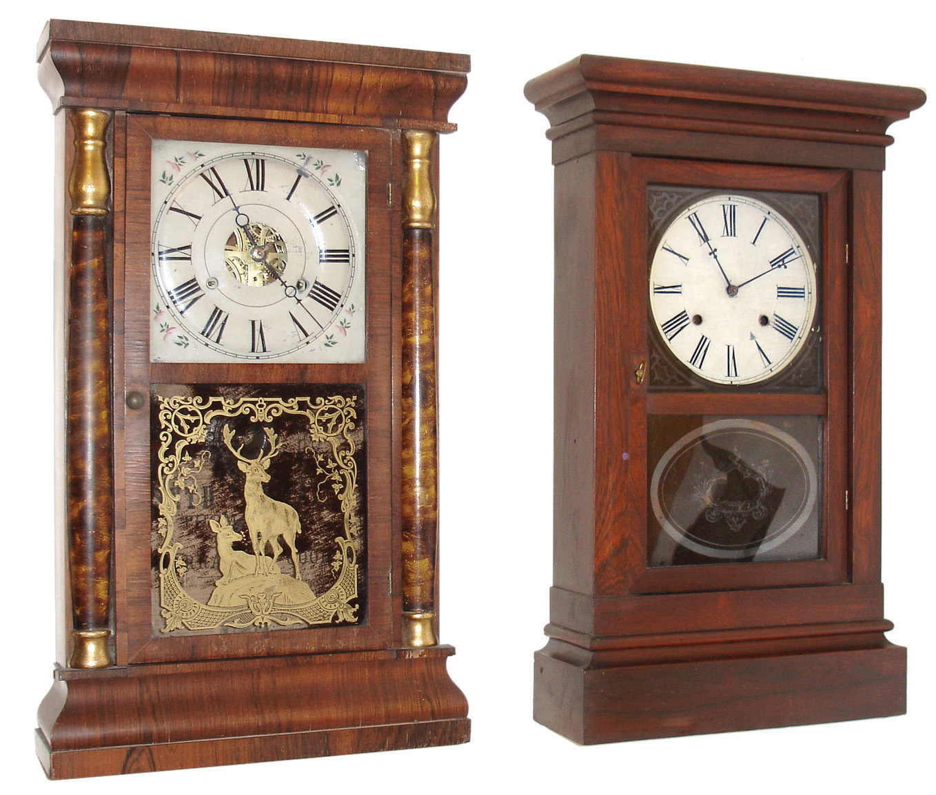 Clocks- 2 (Two) Conn. weight shelf clocks: (1) Waterbury Clock Co., Waterbury, Conn.ÓParlorÒ clock in a rosewood case with a weight driven, 30 hours, time &amp; strike movement, c1870. (2) Seth Thomas Clock Co., Thomaston, Conn., ÓColumnÒ clock in a rosewood case with a weight driven, 30 hours, time &amp; strike movement, c1870. — Antique Clocks Price Guide