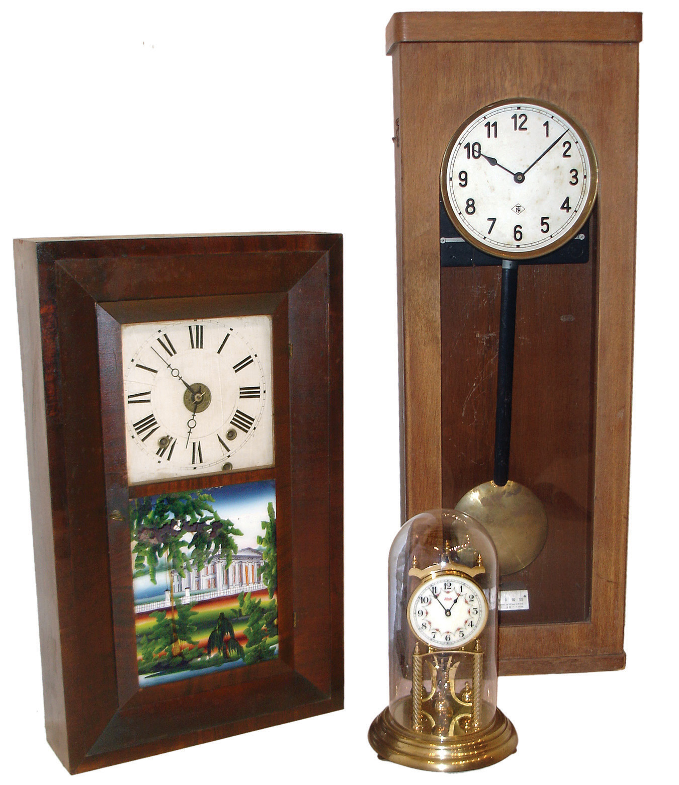 Clocks- 3 (Three): (1) German, 400-day or rotary pendulum mantel clock. (2) Boardman &amp; Wells, Bristol, Conn., 30 hours, time, strike and alarm, weight wood movement bevel case shelf clock, c145. (3) European (German?), electric wall regulator. Dial marked ÒNTÓ. — Antique Clocks Price Guide