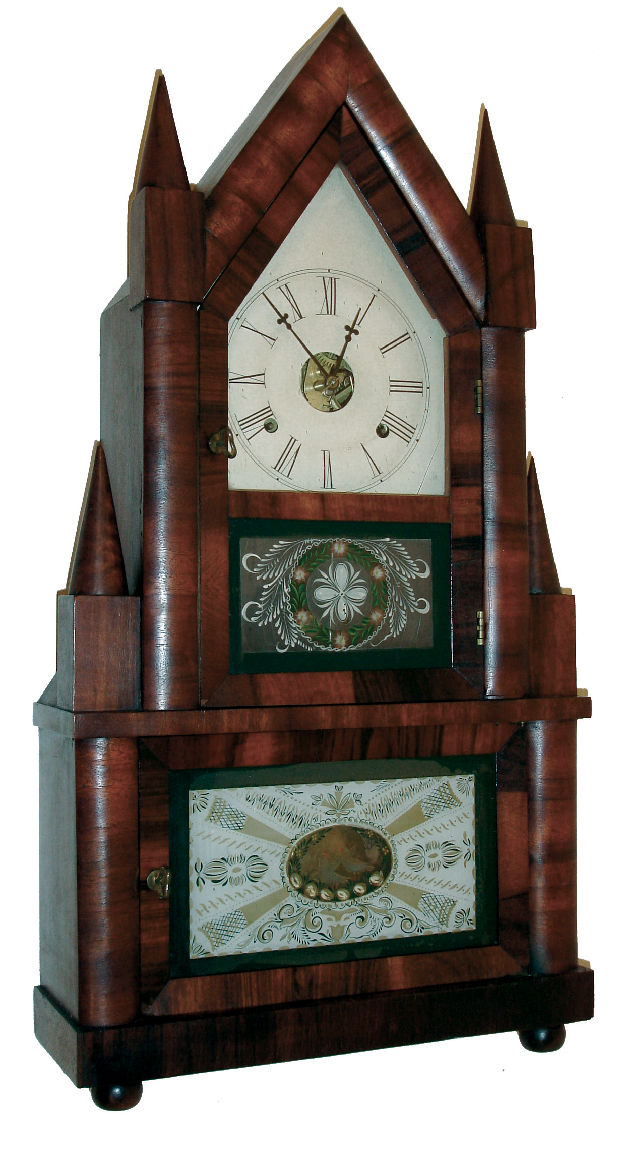 Birge &amp; Fuller, Bristol, Conn., 30 hours, time and strike, wagon spring brass movement double steeple shelf clock, c1845 — Antique Clocks Price Guide
