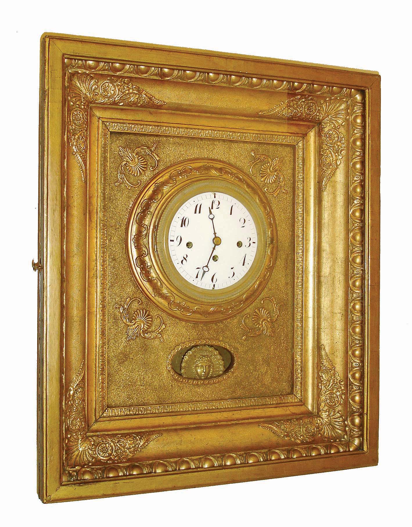 Austrian, Rahmenuhr, or picture frame clock, 2-day, time and Grand Sonnerie strike, spring driven movement with silk suspension in a gilded case with white enamel dial, c1840 — Antique Clocks Price Guide