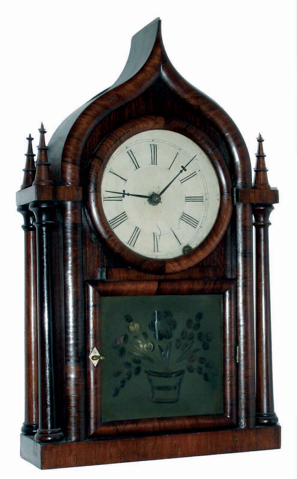 Brewster &amp; Ingrahams, Bristol, Conn., Oriental Gothic or Óonion topÒ mantel clock with 8 days, time and strike, spring driven movement with original brass springs in mahogany veneer case, c1848 — Antique Clocks Price Guide