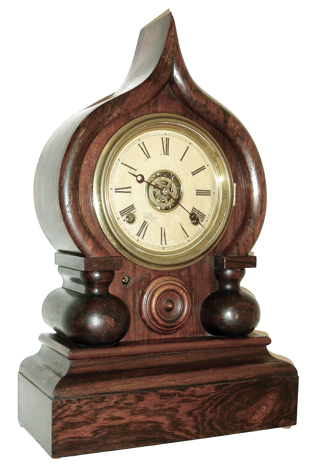 E. Ingraham &amp; Co., Bristol, Conn., ÓOrientalÒ shelf clock in a rosewood veneer case with a, spring driven, 8 days, time, strike and alarm movement, c1880. — Antique Clocks Price Guide