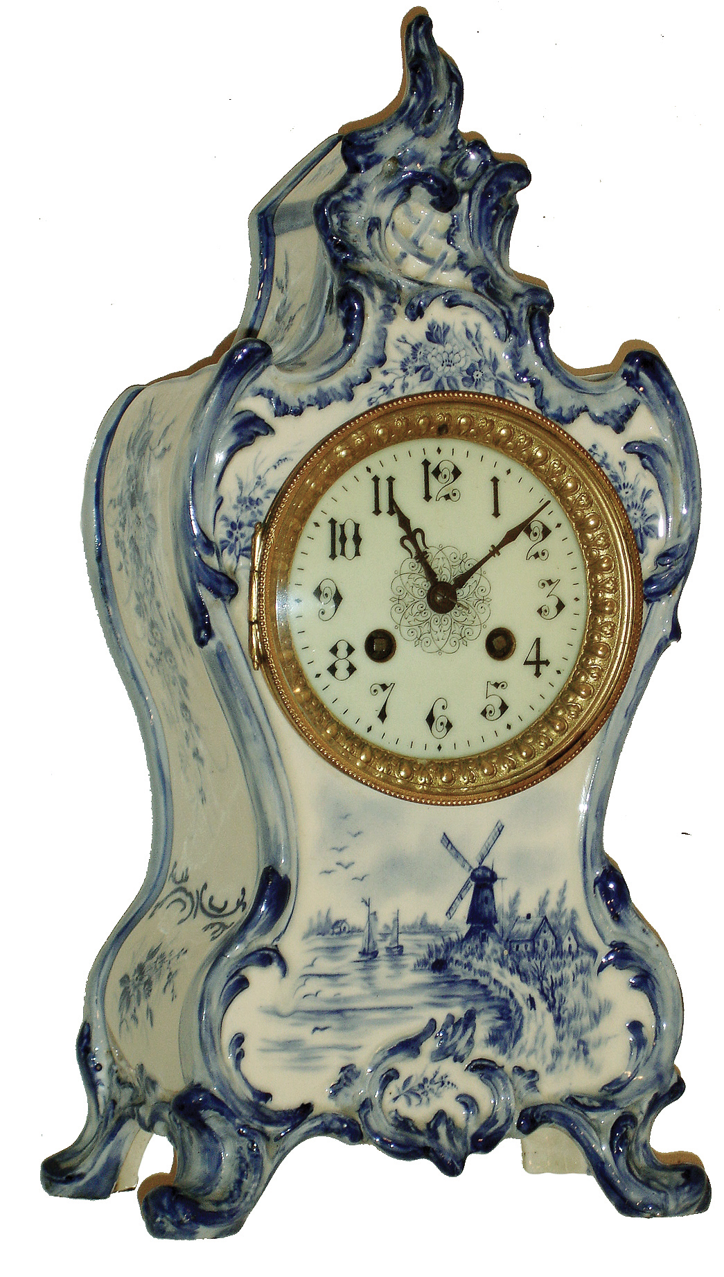 French porcelain, 8 days, time and strike, Delft-style mantel clock, S. Marti movement, c1890 — Antique Clocks Price Guide