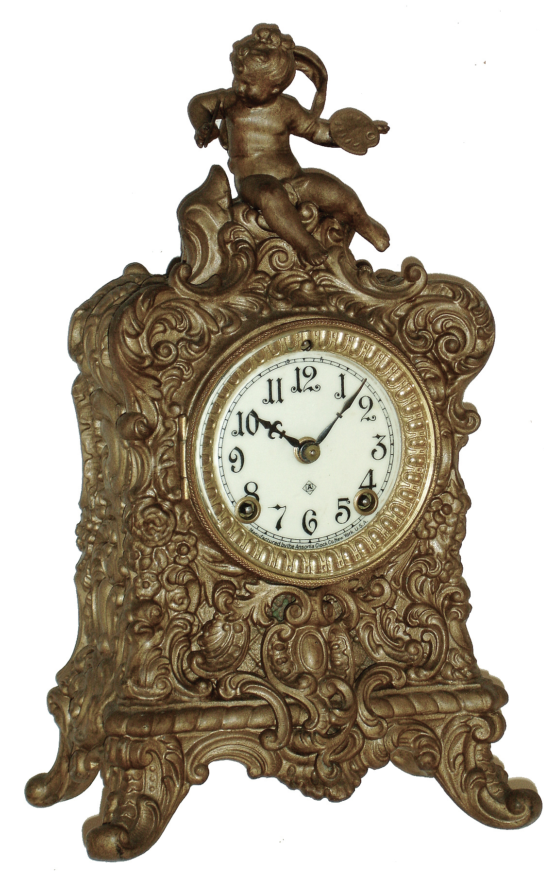 Ansonia Clock Co., New York, NY, ÓCrestÒ cast metal bronzed, 8 days, time and strike, mantel clock, c1904 — Antique Clocks Price Guide