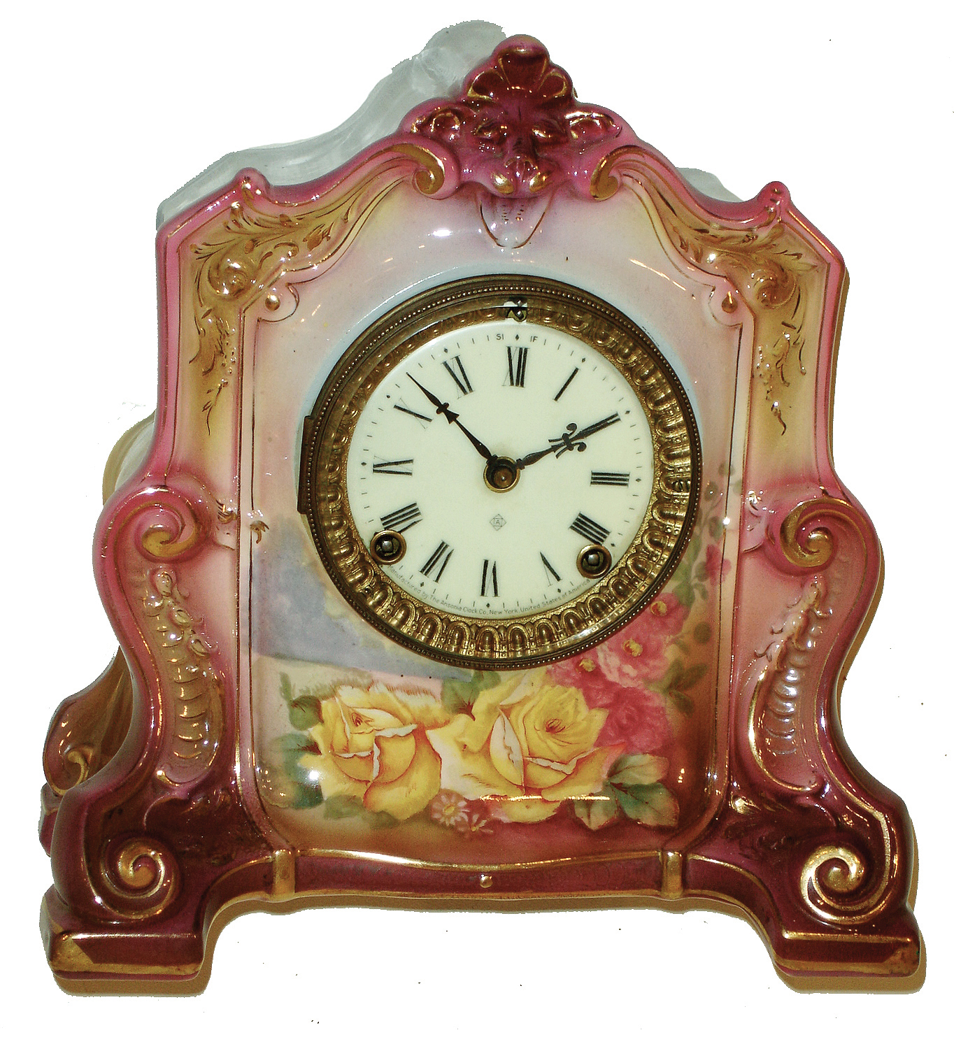 Ansonia Clock Co., New York, NY, ÓLa CannesÒ porcelain Royal Bonn, 8 days, time and strike, mantel clock, c1904 — Antique Clocks Price Guide