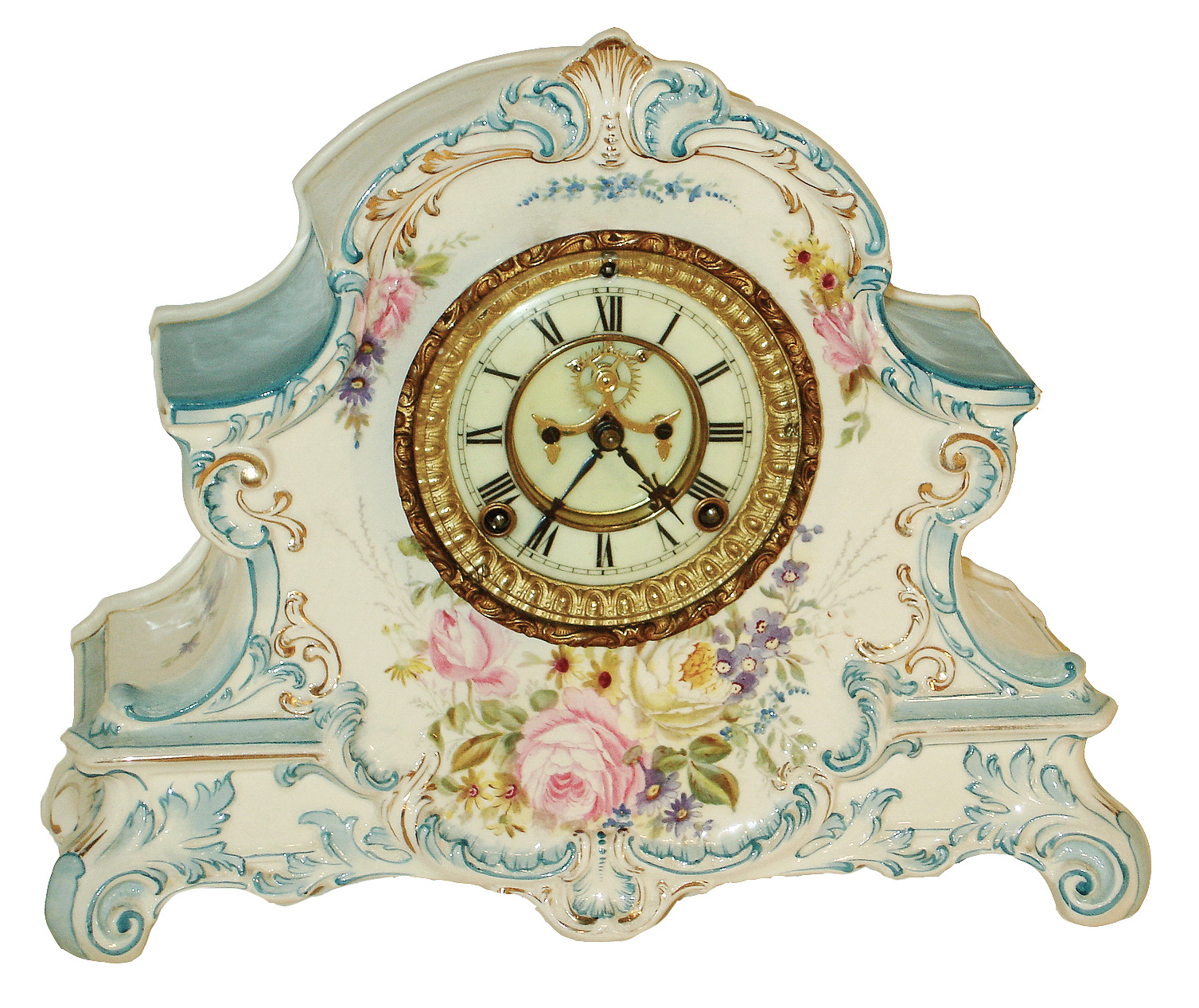 Ansonia Clock Co., New York, NY, ÓLa NordÒ porcelain Royal Bonn, 8 days, time and strike, mantel clock with visible escapement, c1904 — Antique Clocks Price Guide
