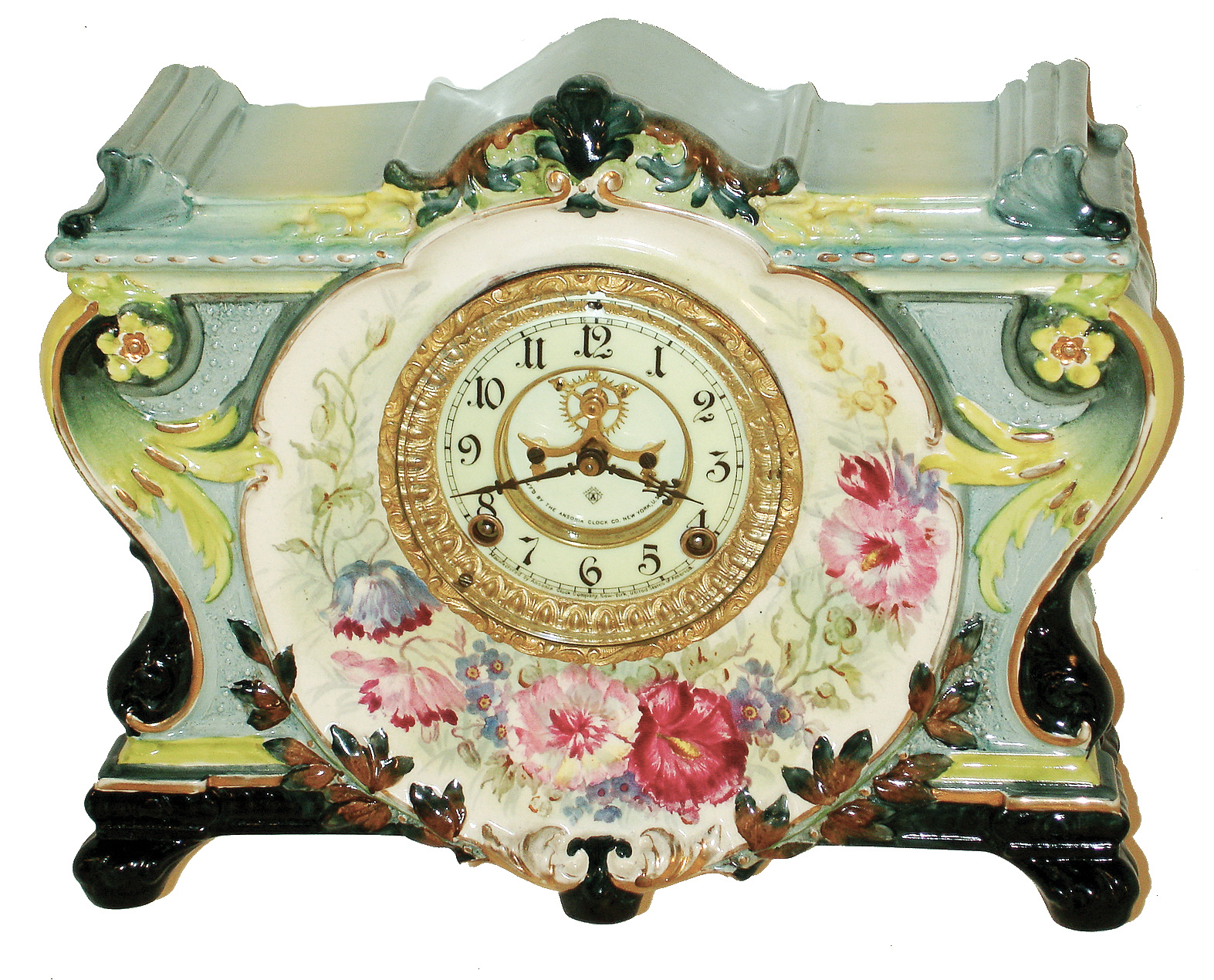 Ansonia Clock Co., New York, NY, ÒLa VindaÓ Royal Bonn porcelain, 8 days, time and strike, mantel clock with visible escapement, c1901 — Antique Clocks Price Guide