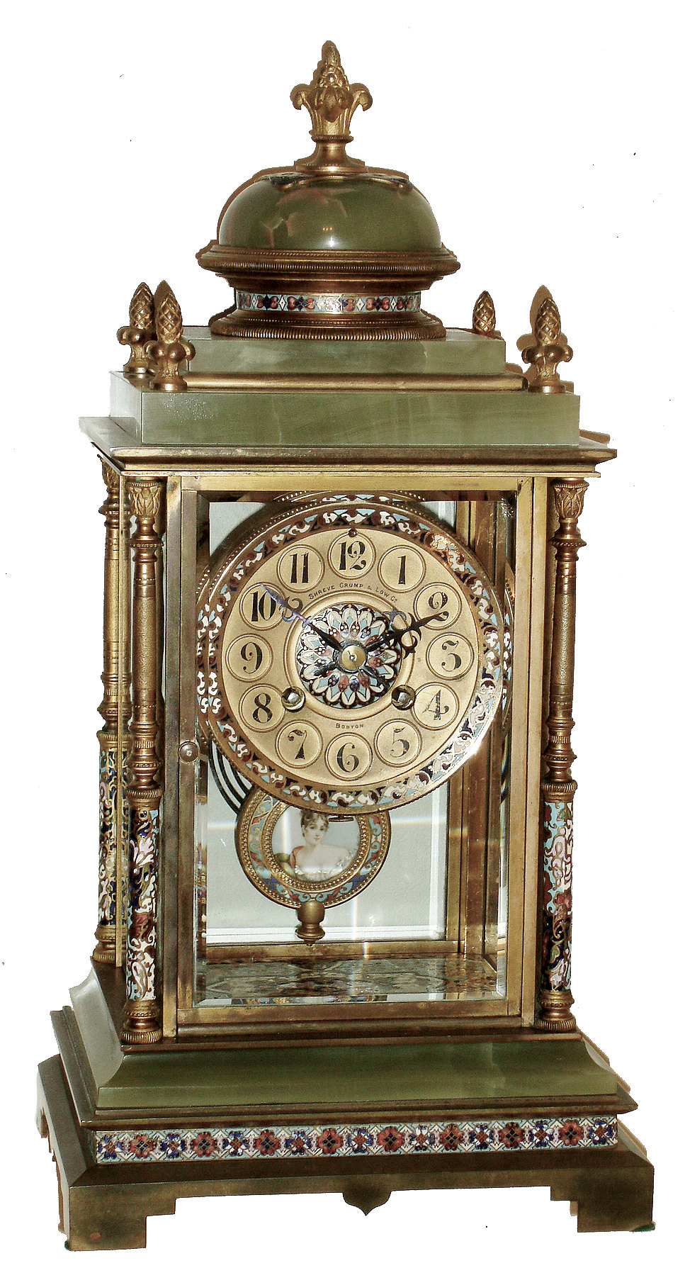 French, for Shreve, Crump &amp; Low, Boston, colored enamel, green onyx, cast brass and beveled glass, 8 days, time and strike, crystal regulator mantel clock, Japy Freres movement, c1890 — Antique Clocks Price Guide