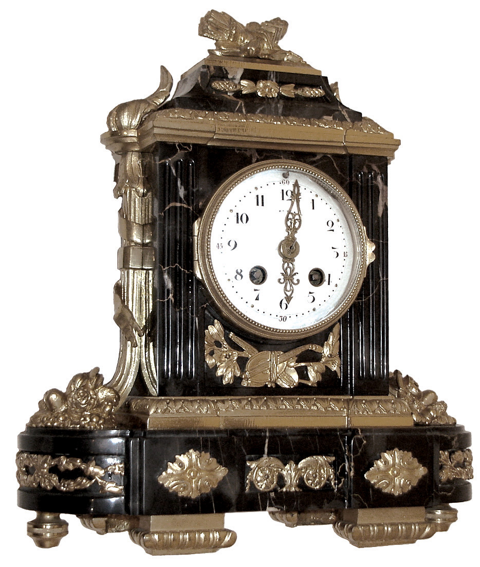 France, for Tiffany &amp; Co., New York, small mantel clock, the Portoro marble case decorated with classically inspired gilt ornament, gilt bezel with deep convex glass, Arabic numeral white enamel dial, gilt hands with piercing and engraving, 8 days, time and strike, pendule a Paris movement marked ÒVincentiÓ, c1910 — Antique Clocks Price Guide
