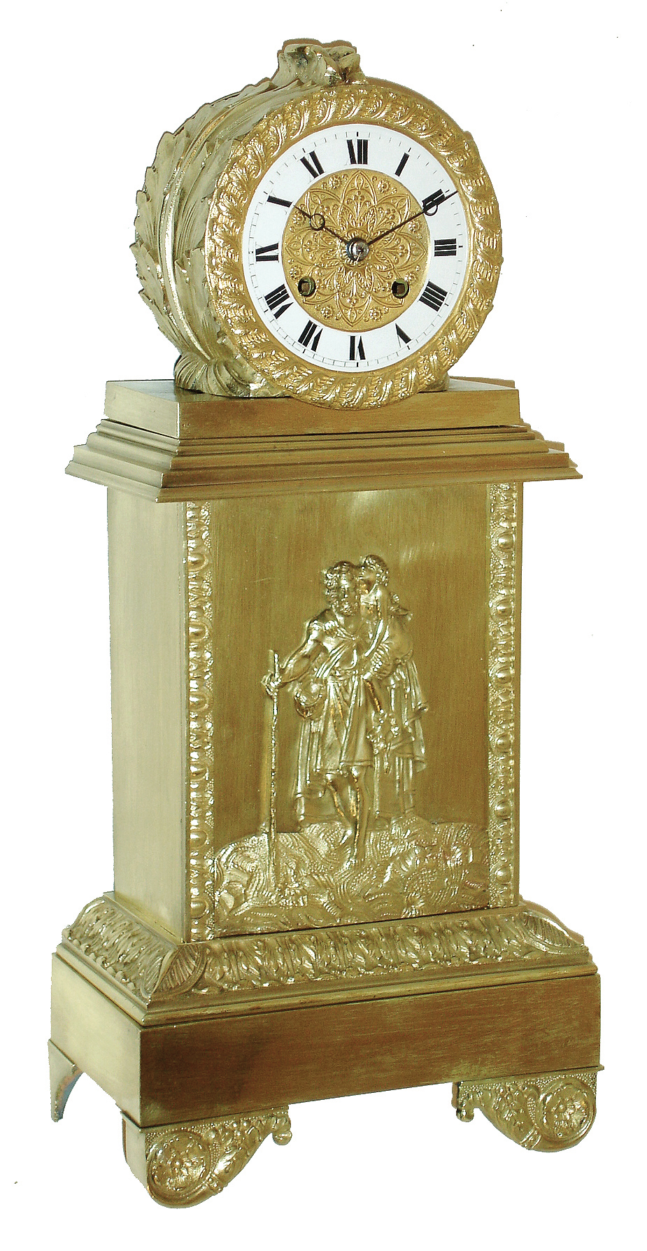 French cast brass drum head, 8 days, time and strike, thread suspension mantel clock, c1850 — Antique Clocks Price Guide