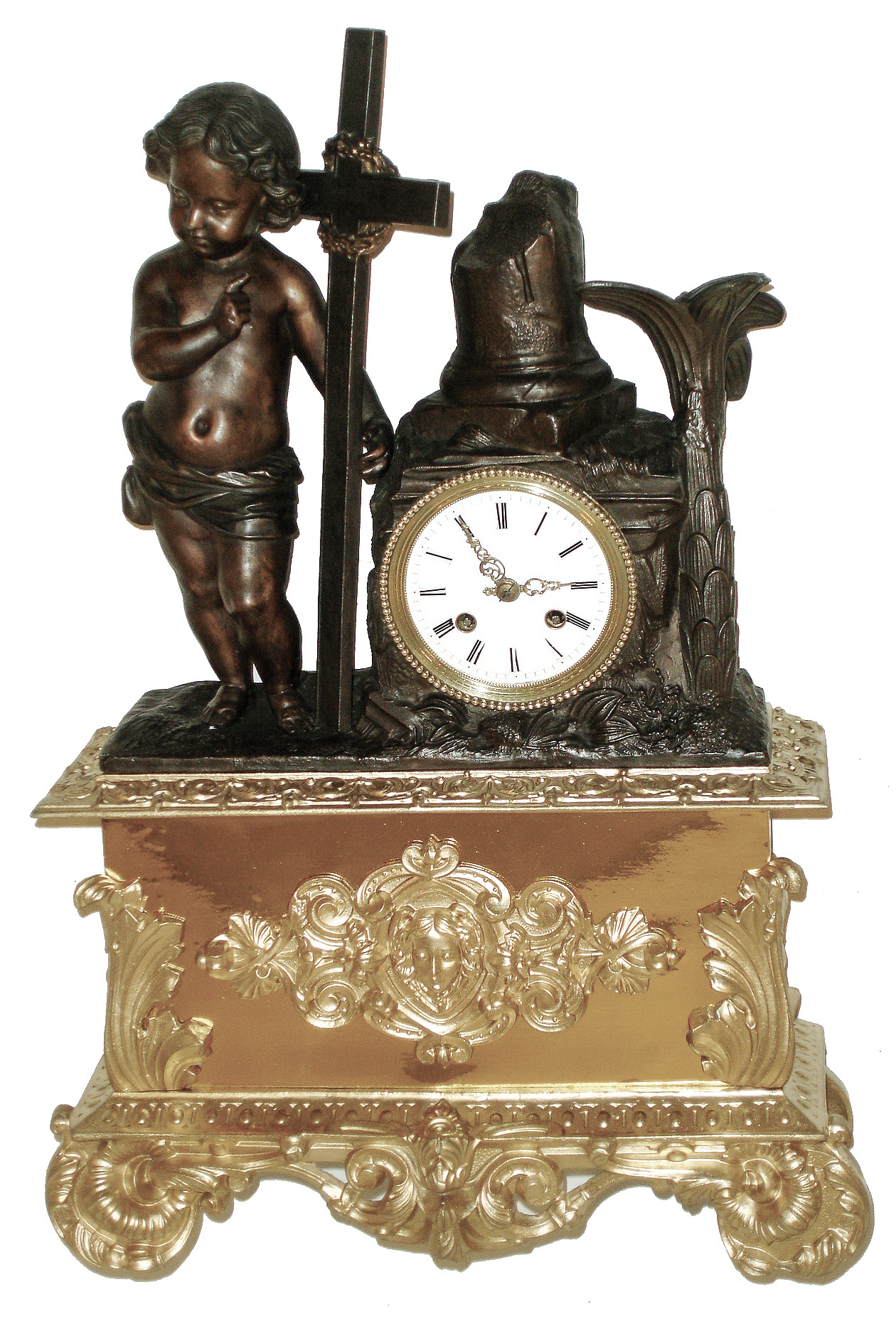French bronzed spelter and gilt metal figural, 8 days, time and strike, thread suspension mantel clock, c1830 — Antique Clocks Price Guide