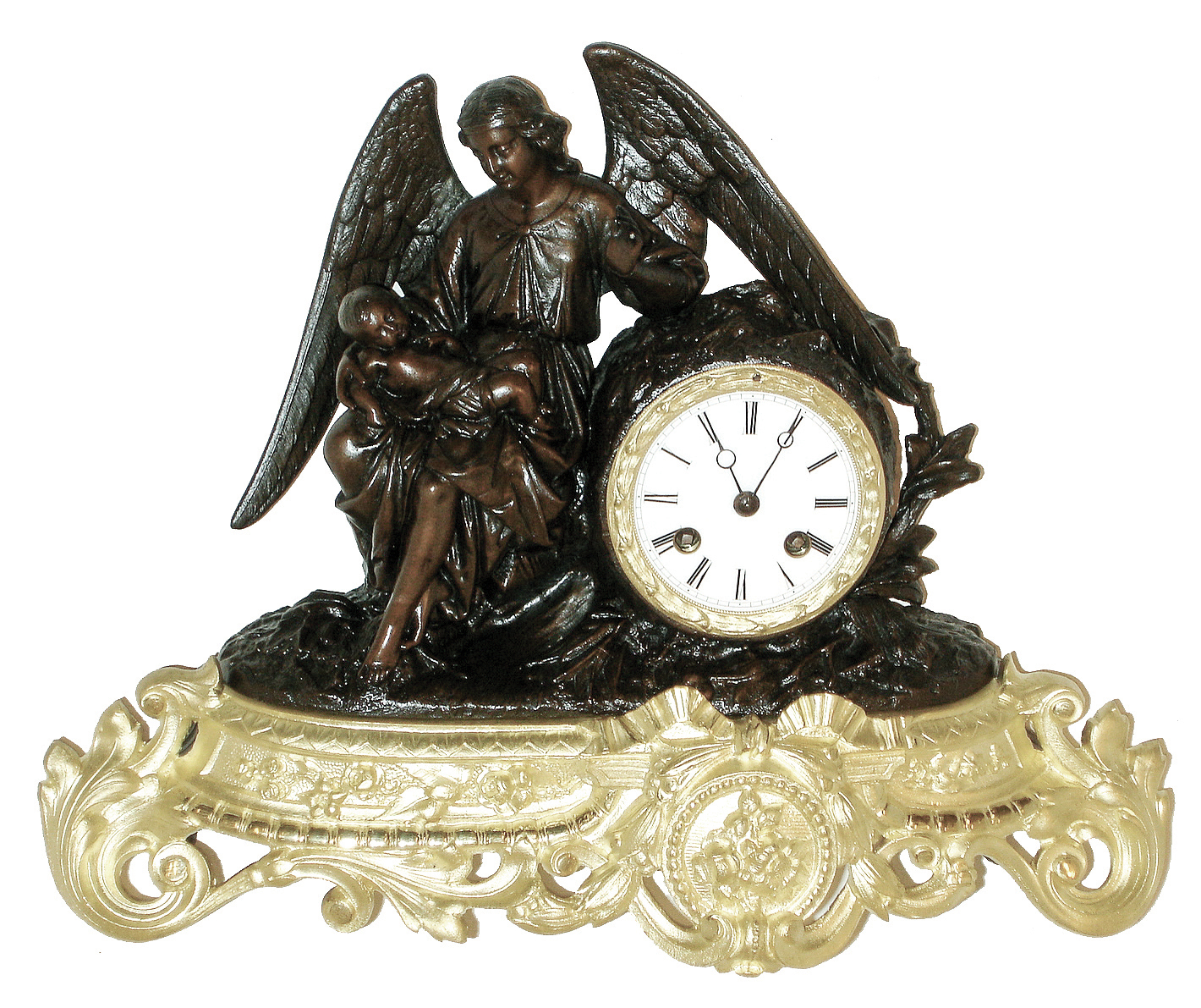 French gilt and bronzed cast metal figural, 8 days, time and strike, thread suspension mantel clock, c1830 — Antique Clocks Price Guide