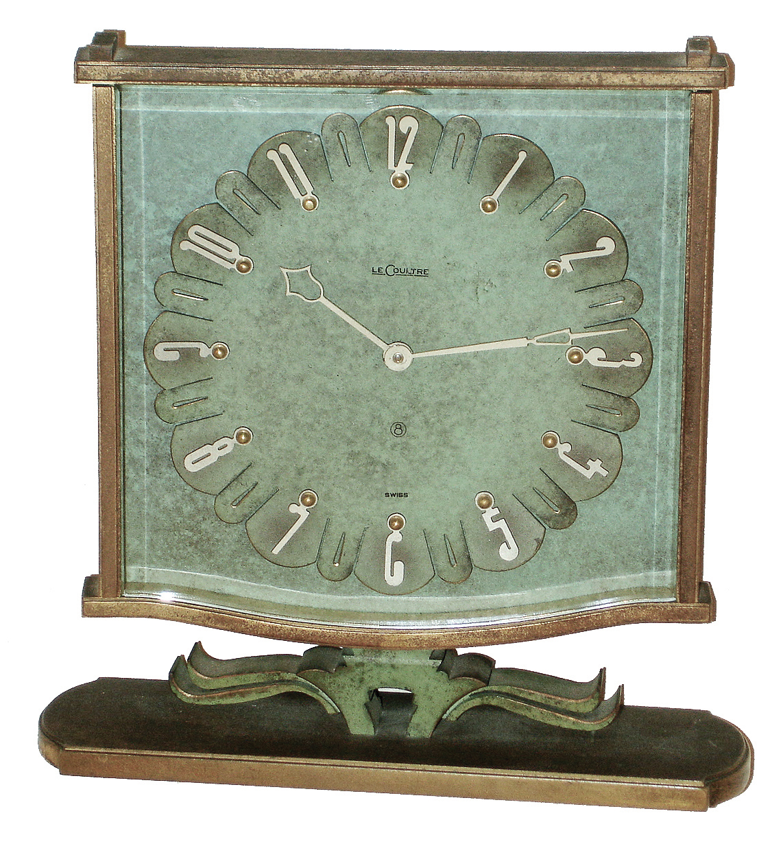 LeCoultre Swiss, 8 days, time only, verdigris metal desk clock, c1973 — Antique Clocks Price Guide