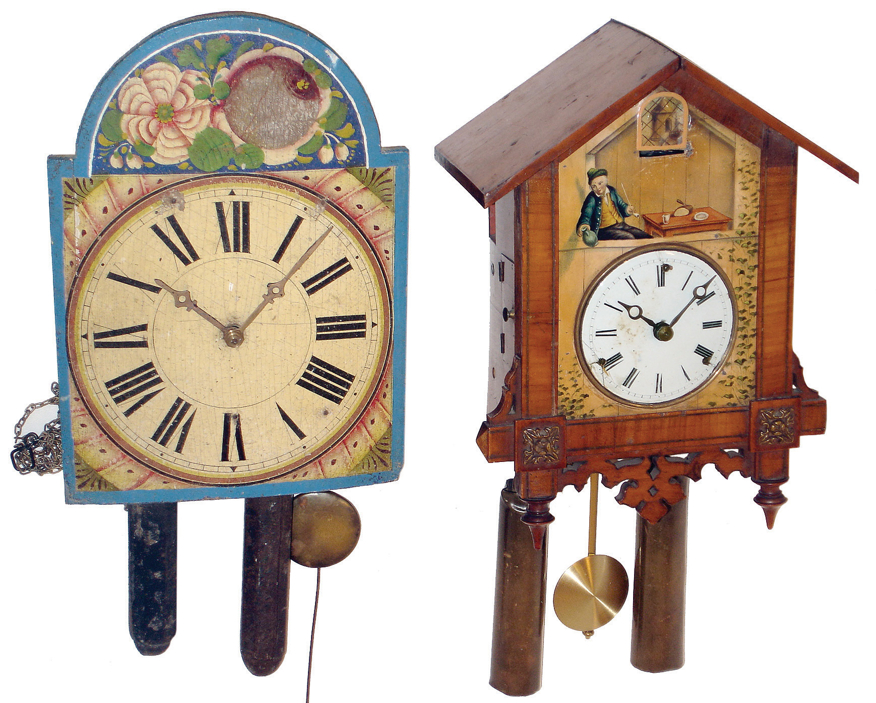 Clocks- 2 (Two) German Black Forest two weight, 30 hours, time and strike, wall clocks: GHS (Gordian Hettich Sohn) cuckoo with brass cast plates; wood shield-dial wag-on-wall with wood plates; late 19th century — Antique Clocks Price Guide