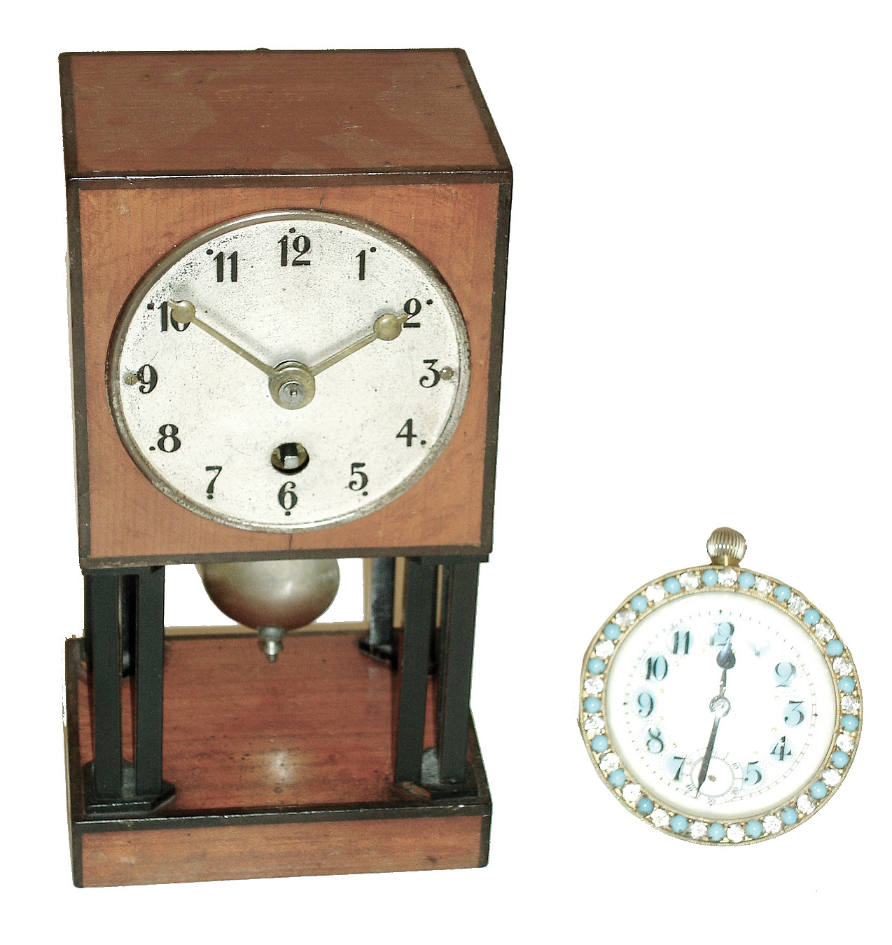 Clocks- 2 (Two): Lenzkirch small mahogany and ebony, 8 days, time only, pendulum desk clock; French glass ball, 30 hours, paperweight clock with rhinestone and blue bead bezel; early 20th century — Antique Clocks Price Guide
