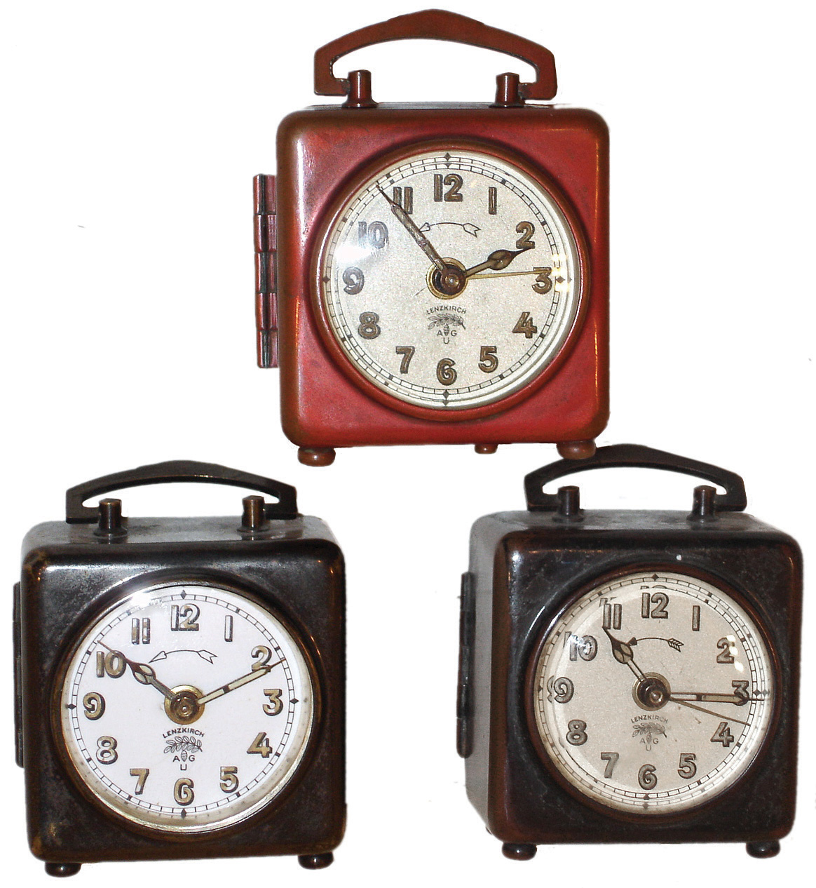 Clocks- 3 (Three) German Lenzkirch square painted metal, 30 hours, alarm clocks, painted metal dials with radium numbers, c1910 — Antique Clocks Price Guide