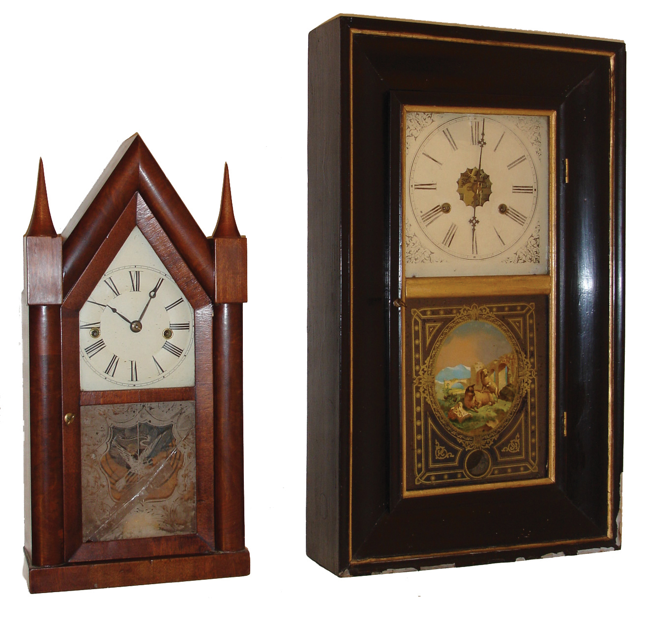 Clocks- 2 (Two): (1) Junghans Uhenfabrik, 30 hours, time and strike, weight brass movement OG shelf clock. (2) Terry &amp; Andrews, Bristol, Conn., 30 hours, time and strike, spring brass movement sharp gothic or steeple clock, c1850 — Antique Clocks Price Guide