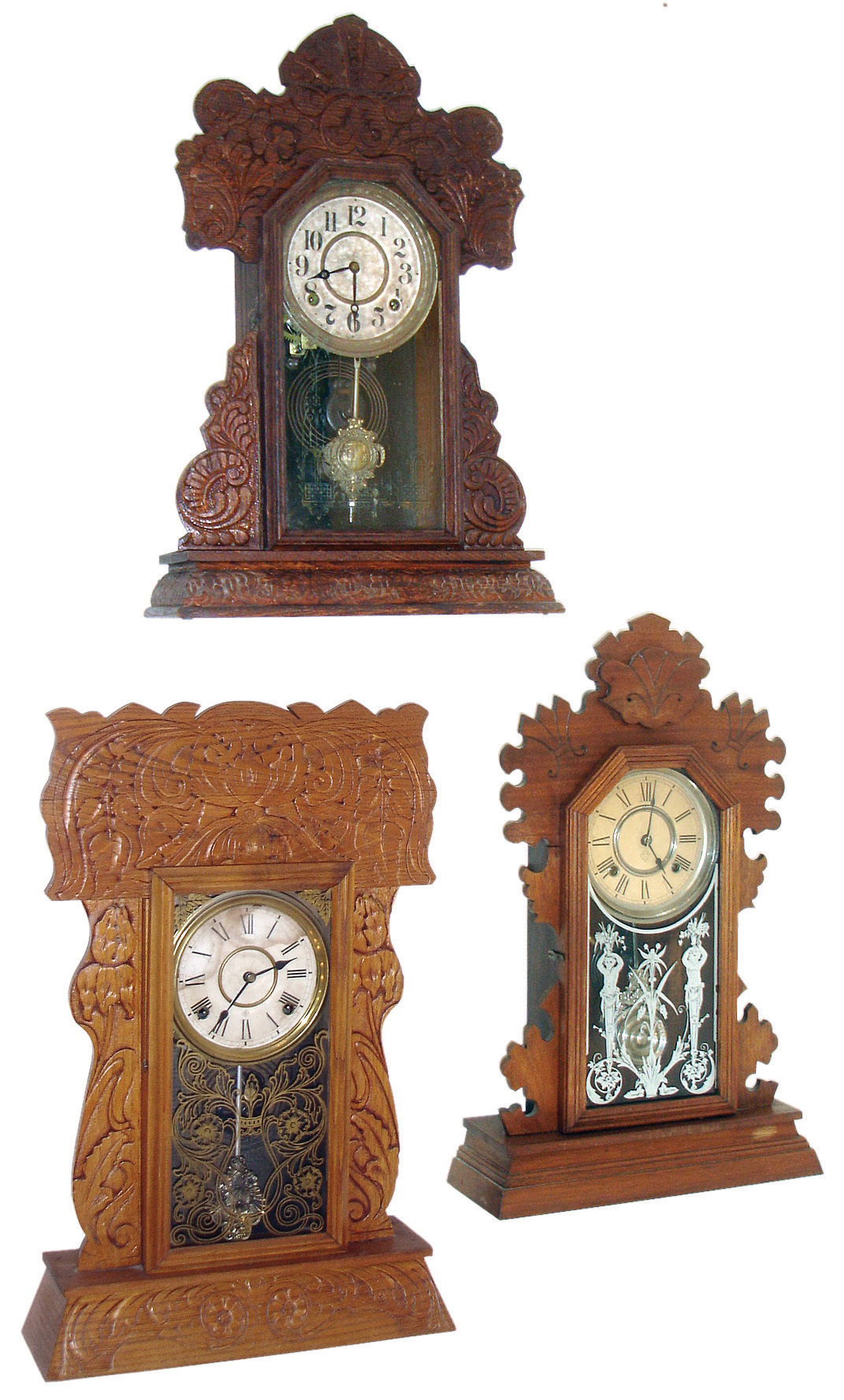 Clocks- 3 (Three) Connecticut Kitchen Mantel Clocks: (1) Ansonia Clock Co., Brooklyn, NY, ÒBeaverÓ model, 8 days, time &amp; strike in a walnut case, c1900; (2) E. Ingraham Clock Co., Bristol, Conn., 8 days, time &amp; strike in an oak case, c1915; (3) William L. Gilbert Clock Co., Winsted, Conn., 8 days, time &amp; strike in an oak case, c1910; — Antique Clocks Price Guide