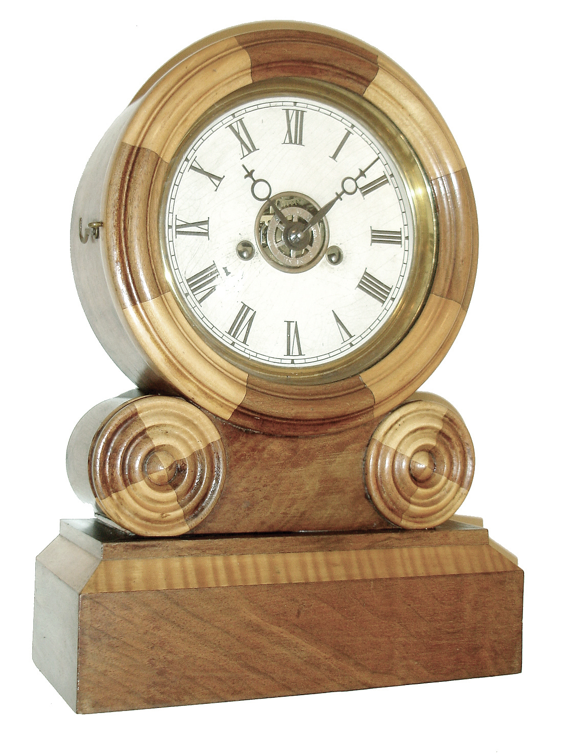 E. Ingraham &amp; Co., Bristol, Conn., ÓGrecian MosaicÒ shelf clock in a walnut and tiger maple case with a spring driven, 30 hours, time and strike, movement, c1872. — Antique Clocks Price Guide