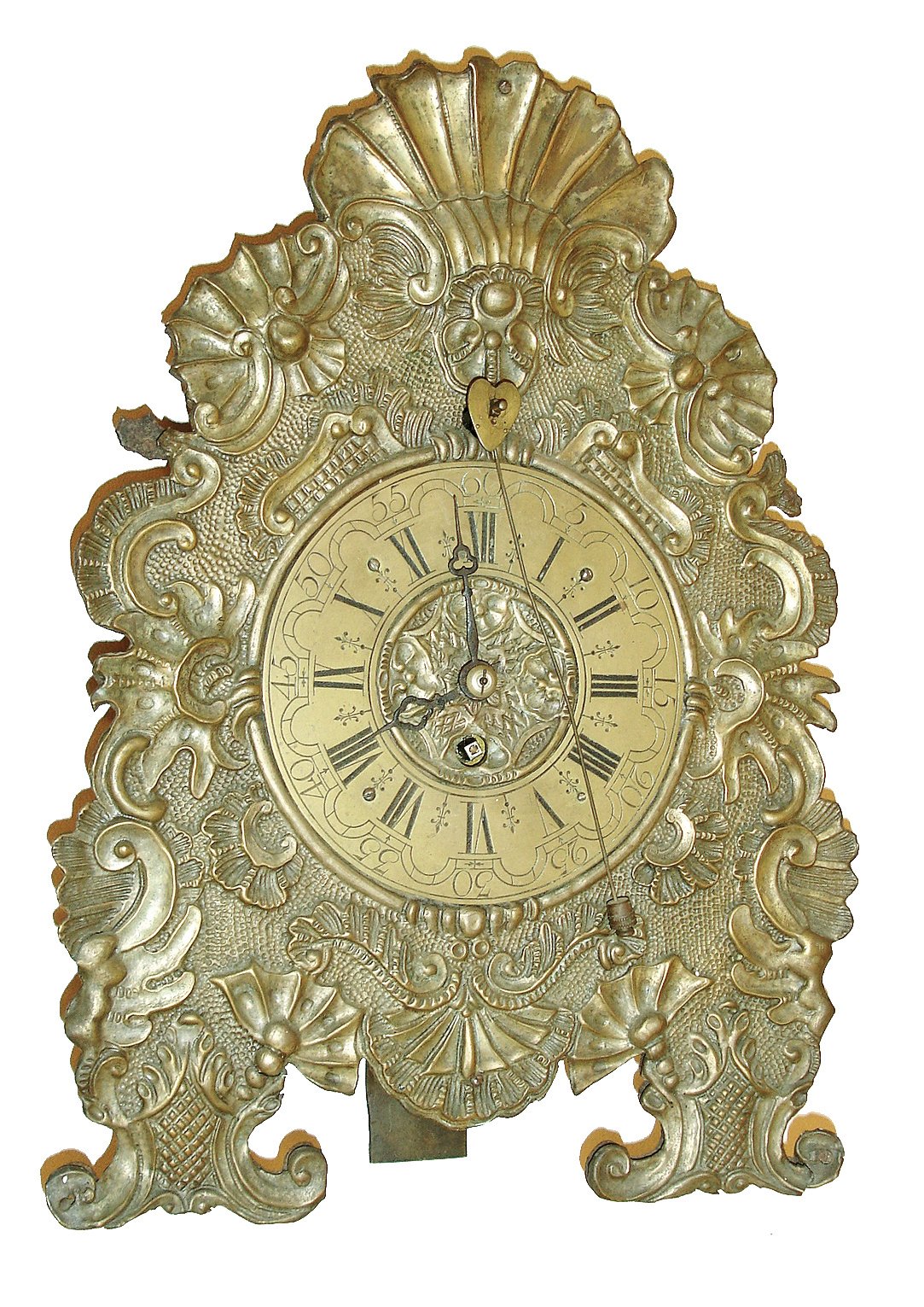 German Zappler shelf clock, gilt sheet brass repousse case in the baroque style, engraved Roman numeral arcaded brass dial, steel hands, brass, 30 hours, timepiece movement with verge escapement, 18th century — Antique Clocks Price Guide