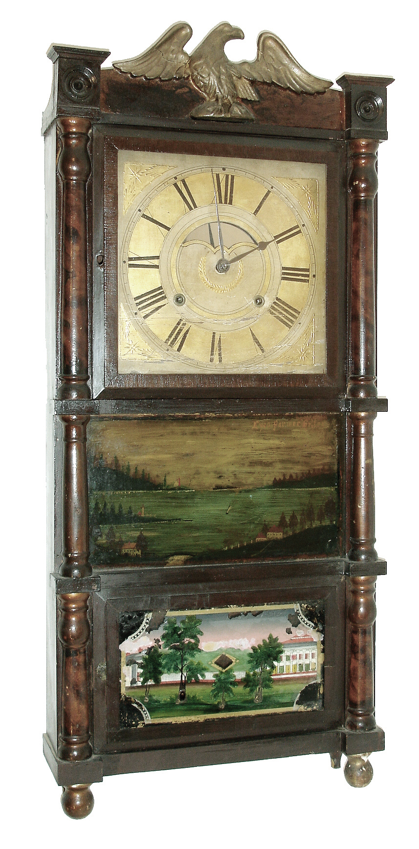 Birge &amp; Mallory &amp; Co., Bristol, Conn., 8 days, time and strike, weight brass movement triple decker shelf clock, c1840 — Antique Clocks Price Guide