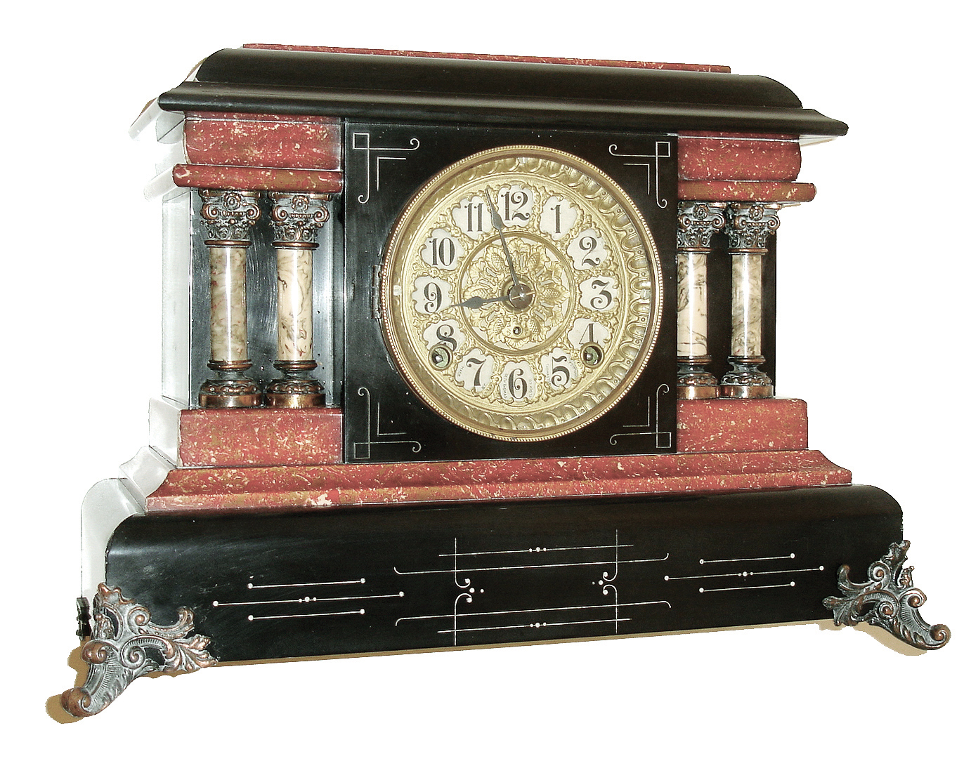 Seth Thomas Clock Co., Thomaston, Conn., 8 days, time and strike, spring brass movement Adamantine mantel clock, c1907. This is a special order or premium model not shown in catalogs. — Antique Clocks Price Guide
