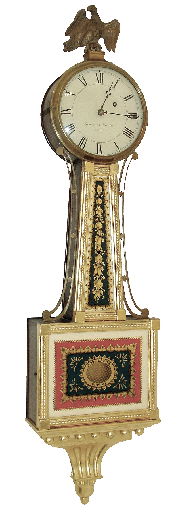 James G. Conlon, Boston, Mass., 8 days, weight brass movement Patent or Banjo timepiece, c1950 — Antique Clocks Price Guide