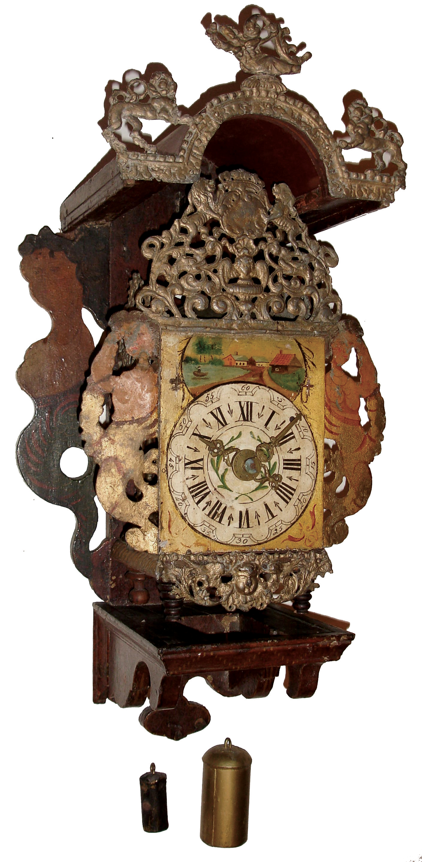 Dutch Friesian, 30 hours, weight-driven time, strike and alarm Stoelklok with painted wood hooded wall bracket, crown wheel and verge escapement, c1820 — Antique Clocks Price Guide