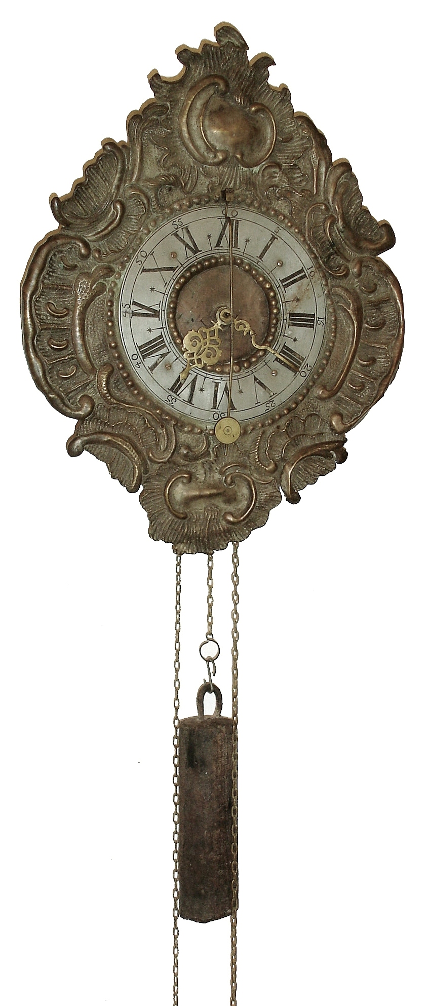 German wall clock with cow tail pendulum, gilt sheet brass repousse case in the baroque style, engraved Roman numeral brass dial, brass hands, brass, 30 hours, time and strike, weight driven movement with verge escapement, with cast iron weight, 18th century — Antique Clocks Price Guide