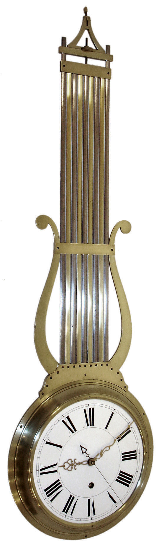 French mystery clock, ÒLa BalancelleÓ double dialed shop window regulator 8 days, time only, spring driven movement in nickel plated and brass grid iron pendulum form case with two white enamel dials, one with sweep seconds and the other without and signed ÒMOREL A MORBIER, c1850 — Antique Clocks Price Guide