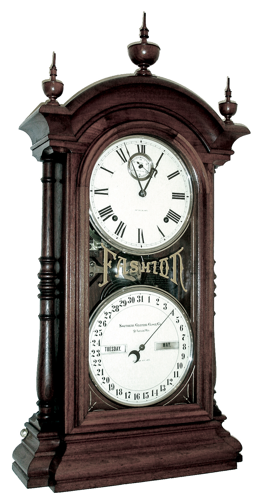 Southern Calendar Clock Co., St. Louis, MO, ÒFashion Calendar No. 4Ó with a Seth Thomas spring driven, 8 days, time and strike, movement and calendar mechanism in a walnut case, c1880. — Antique Clocks Price Guide