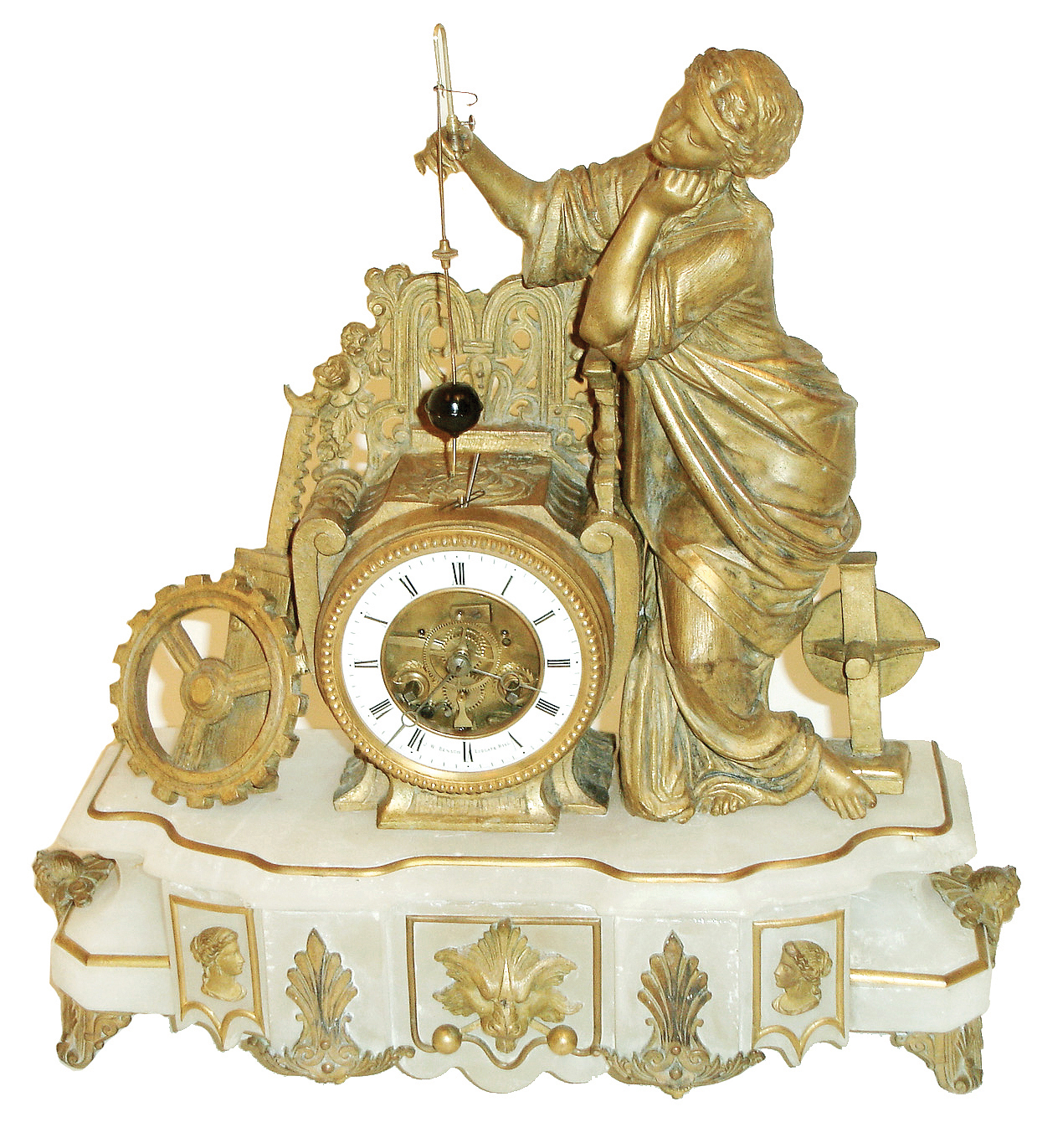 French, for J.W. Benson, London, gilt spelter and alabaster, 8 days, time and strike, mantel clock with conical pendulum, c1890 — Antique Clocks Price Guide