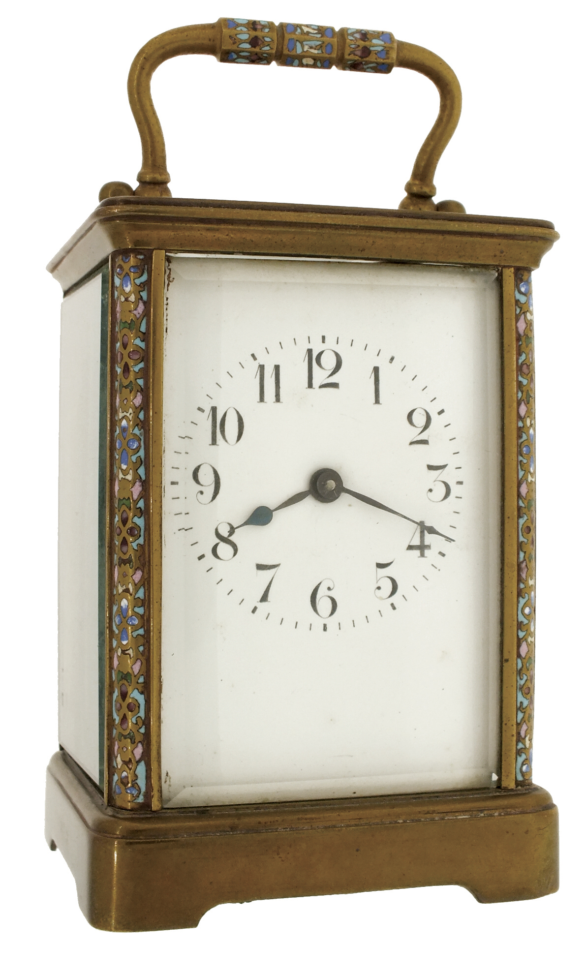 France, carriage clock with champleve enamel decoration, brass case with beveled glasses, Arabic numeral white enamel dial, 8 days, timepiece movement with cylinder platform, c1910 — Antique Clocks Price Guide