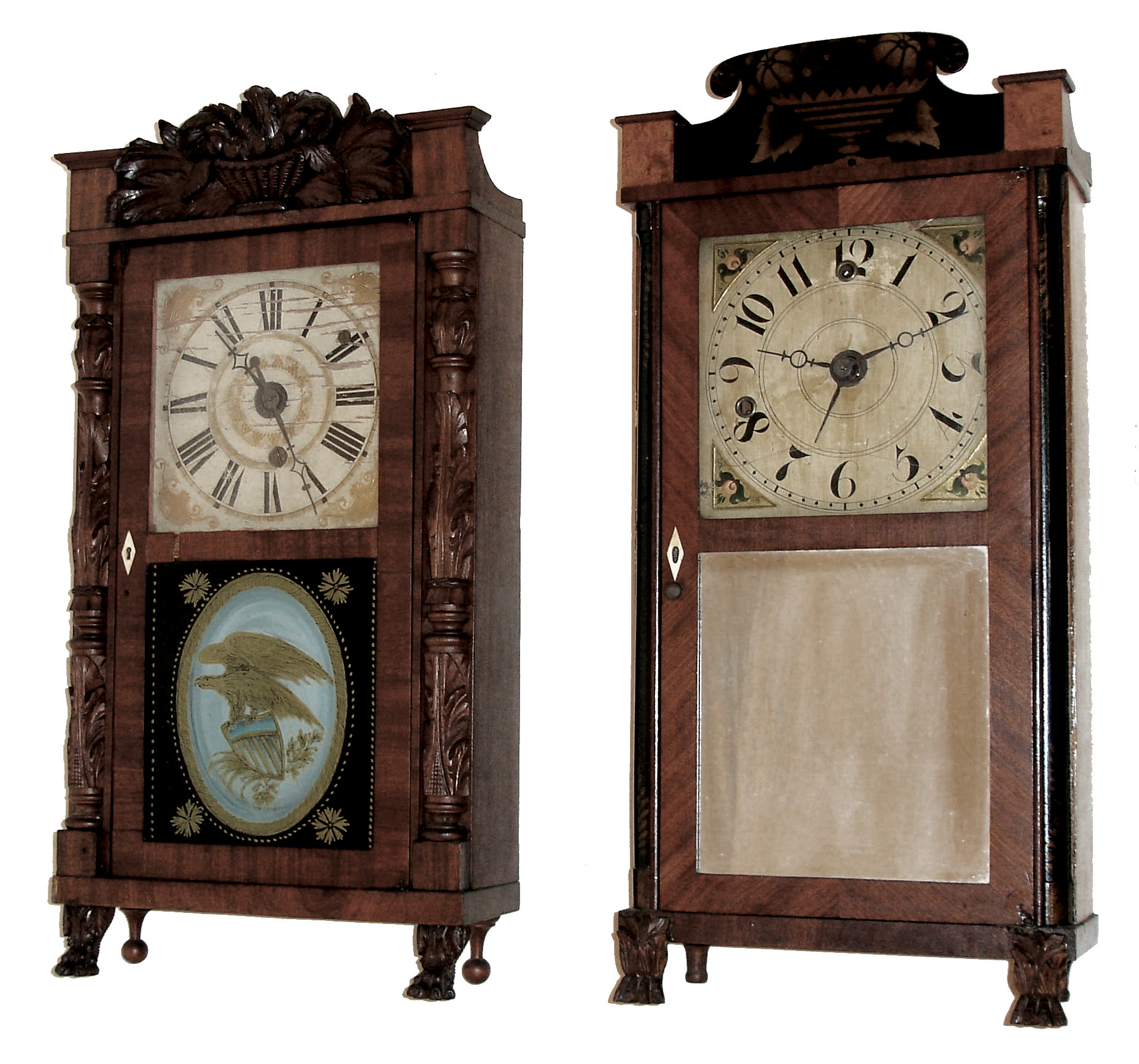 Clocks- 2 (Two): (1) Jeromes &amp; Darrow, Bristol, Conn., 30 hours, weight driven, time and alarm shelf clock in a fully carved half column and splat mahogany case, c1830. (2) Silas Hoadley, Plymouth, Conn., 30 hours, weight driven, time and alarm shelf clock in a stenciled quarter column and splat case, c1835. — Antique Clocks Price Guide