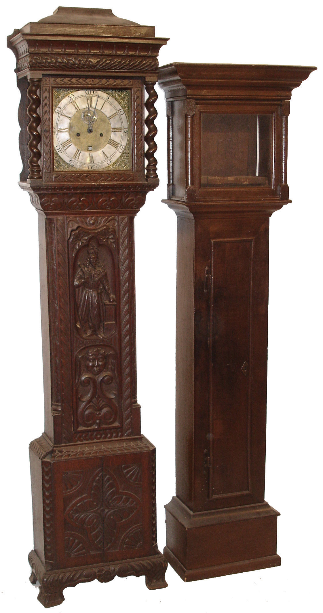 Clock and Clock Case- 2 (Two) English dark oak, mid 18th century cases: (1) Joseph Smith, Chester, England, 8 days, time and gong strike, weight driven movement with square brass dial and silvered chapter ring, highly carved case featuring a king in regalia and angel; (2) case only for square dial with flat top and crown molded — Antique Clocks Price Guide