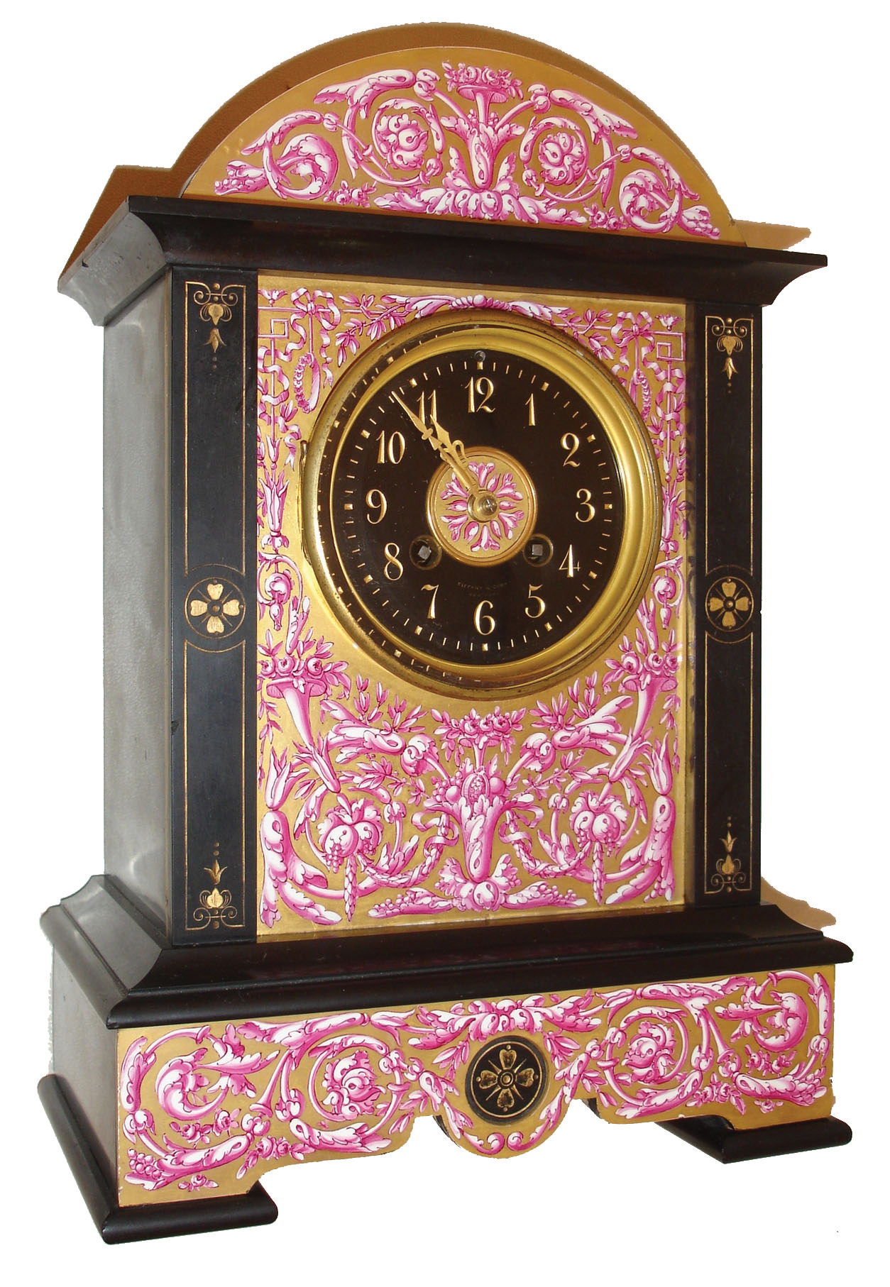 France, for Tiffany &amp; Compy., New York, polished black slate case with porcelain panels bearing Adamesque style ornament on a matte gilt ground, the decoration with trailing vines, bellflowers, pendant husks and bowknots, the central panel with gilt bezel with beveled glass enclosing an Arabic numeral, black slate dial, and flanked by slate pilasters with incised gilt ornament, gilt hands, 8 days, time and strike, pendule a Paris movement, also signed Tiffany &amp; Compy., c1880 — Antique Clocks Price Guide