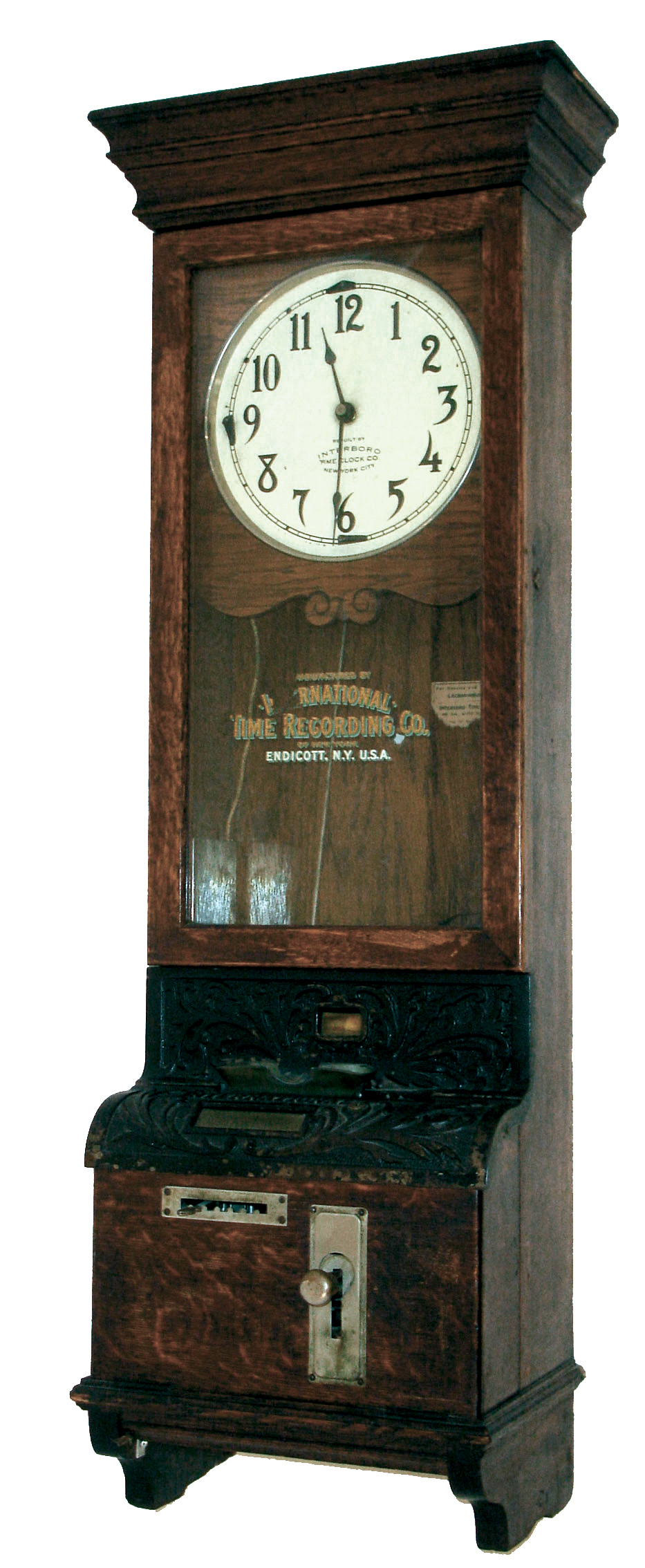 International Time Recording Co., Endicott, NY (Became IBM in 1924) plug-in electric employee card-stamp time clock in wall-mounted oak case, ÒRebuilt by Interboro Time Clock Co., New York CityÓ, c1920 — Antique Clocks Price Guide