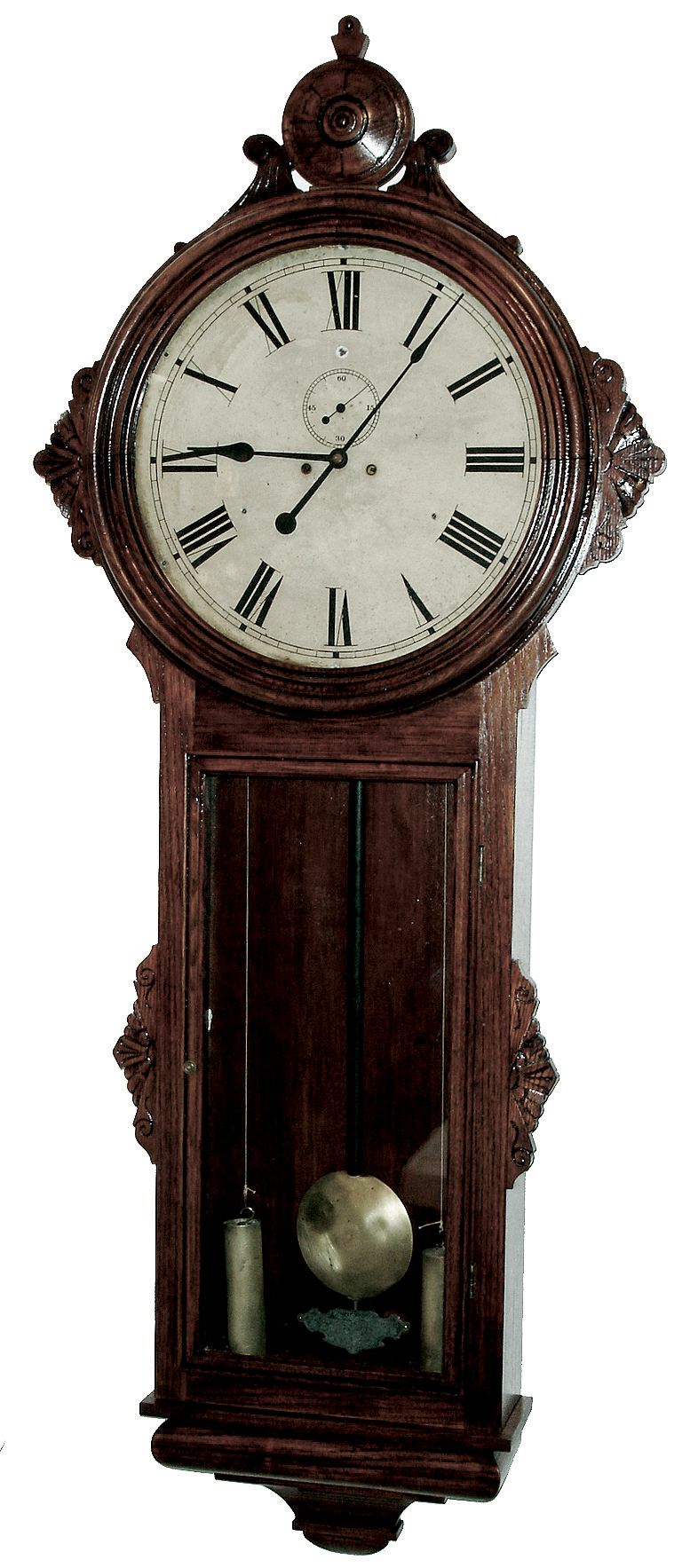 Ansonia Clock Co., New York, NY, ÓGeneralÒ, wall clock, 8 days, time only, double brass, weight driven movement in an oak case with a, painted metal dial, c1886 — Antique Clocks Price Guide