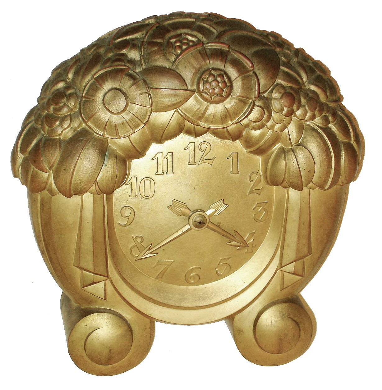 French cast brass Art Nouveau-style mantel clock, Marti ÓMedaille DÕOr Paris 1900Ò, 8 days, time and strike, rear-wind movement with vertical cylinder-escapement balance platform, c1905 — Antique Clocks Price Guide