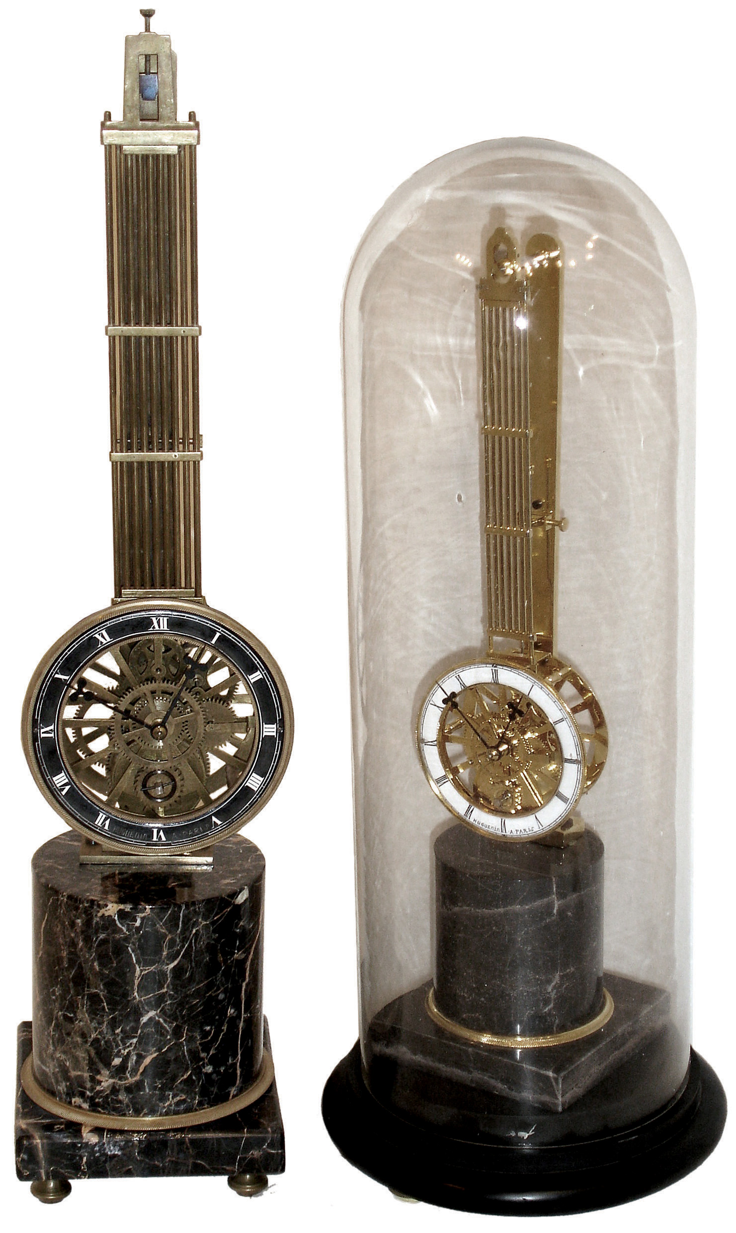 Clocks- 2 (Two) Asian reproduction, 8 days, time only, swing clocks, both chapter rings signed with Paris makers, on wood and marble bases, one round glass dome; late 20th century — Antique Clocks Price Guide
