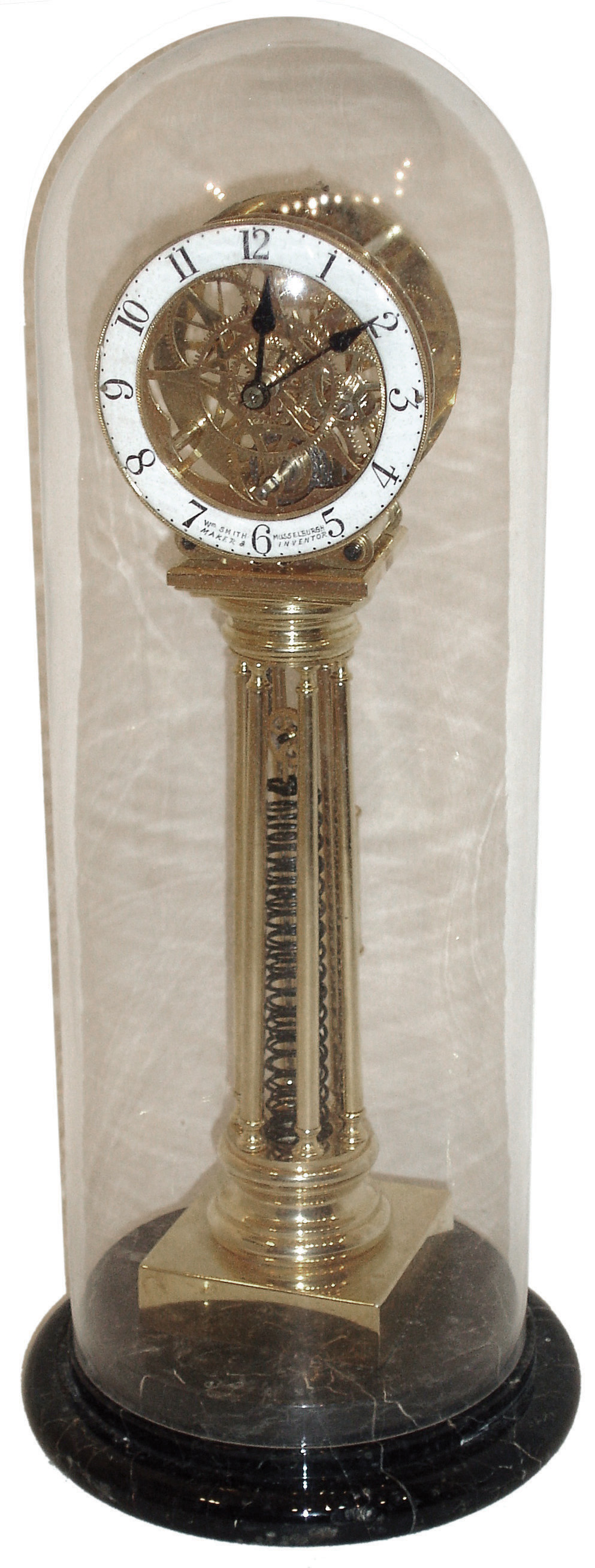 Asian modern reproduction lacquered brass, 8 days, time only, skeleton clock powered by an extended coiled spring, white porcelain chapter ring signed ÒWm. Smith, Musselburgh, Maker &amp; InventorÓ, veined marble base, late 20th century — Antique Clocks Price Guide