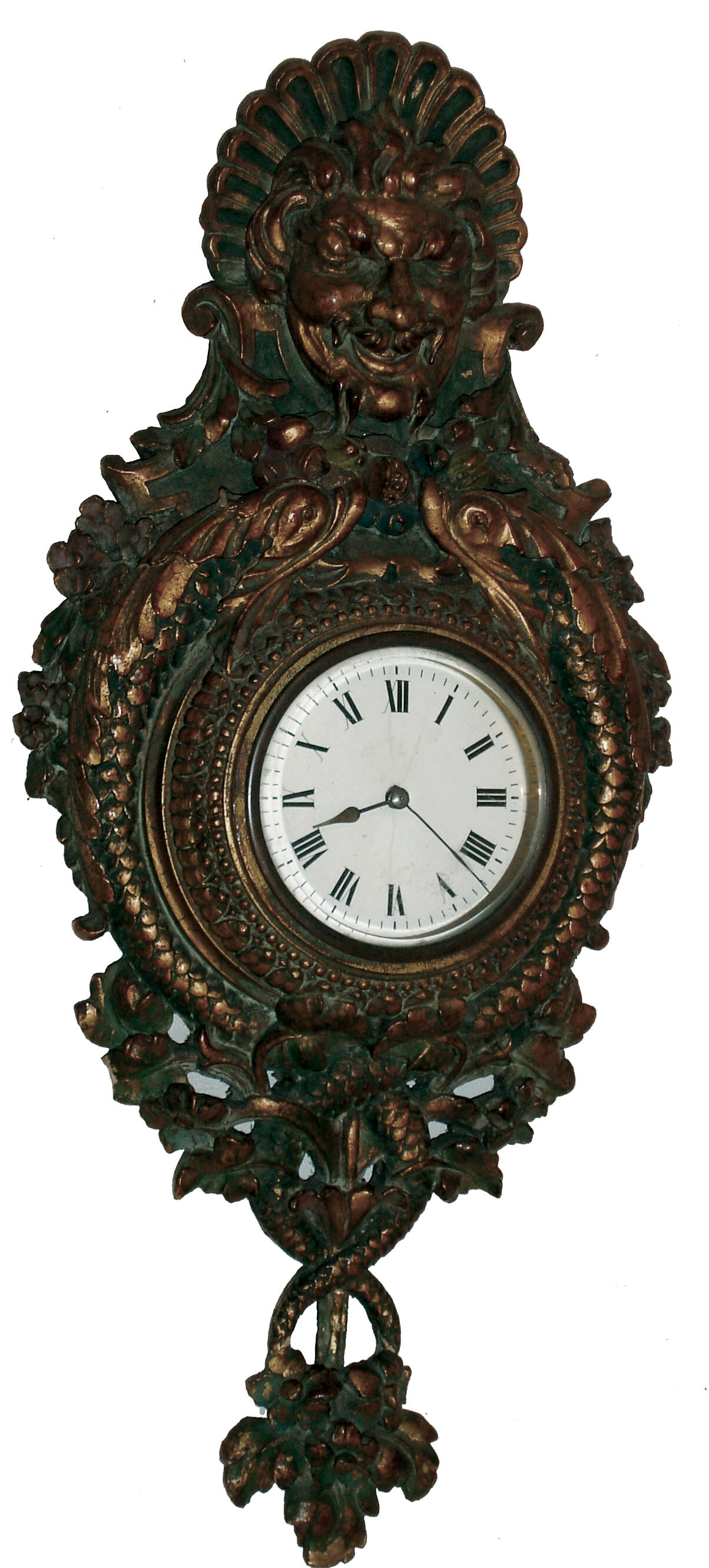 Clocks- 2 (Two): Jahresuhren-Fabrik ÓLouvreÒ 400 day brass clock with glass dome; French cast and gilt composition cartel wall clock, cylinder escapement platform; c1900 — Antique Clocks Price Guide