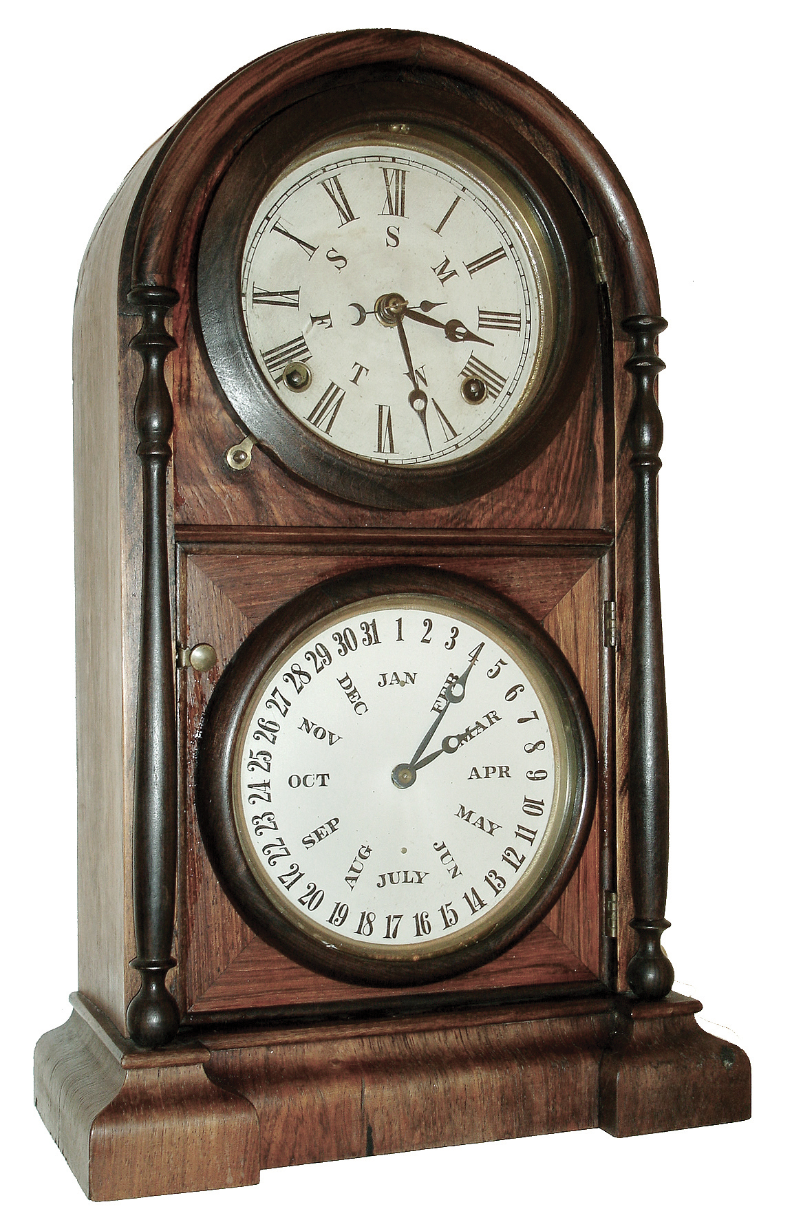 Welch, Spring &amp; Co., Forestville, Conn., ÓItalian No. 3Ò shelf clock with an, 8 days, spring driven, time and strike, movement and a B. B. Lewis perpetual calendar mechanism in a rosewood veneered case, c1872. — Antique Clocks Price Guide