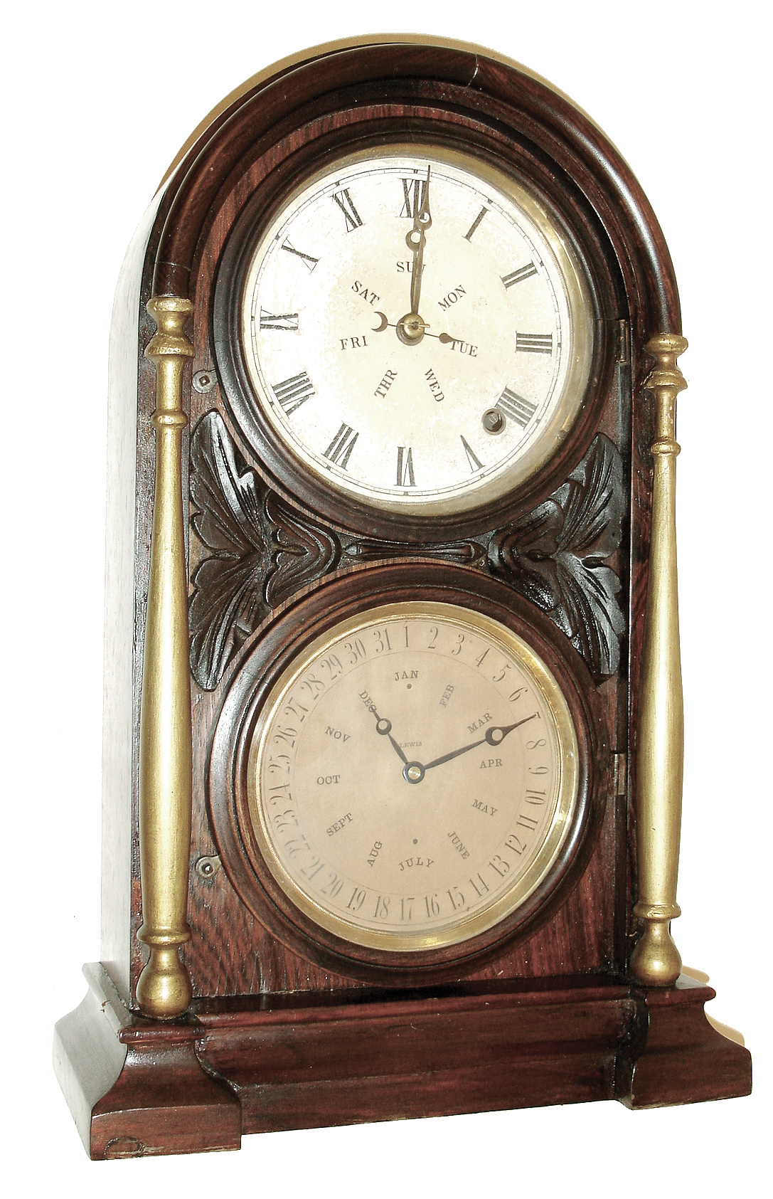 Welch, Spring &amp; Co., Forestville, Conn., ÓItalian No. 1Ò shelf clock with a spring driven, 8 days, time only, movement and a B. B. Lewis perpetual calendar mechanism in a rosewood veneered case, c1872. — Antique Clocks Price Guide